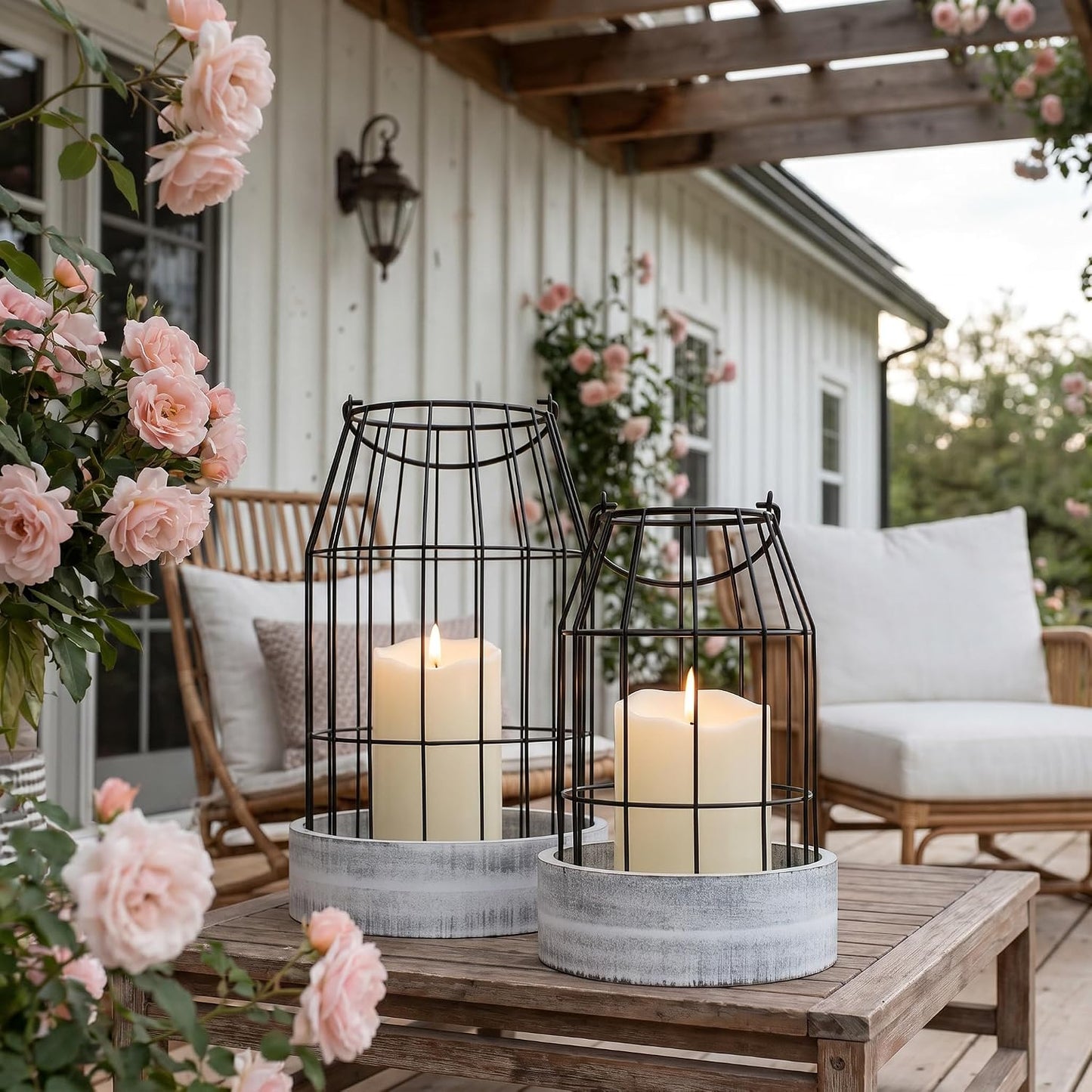 Rustic Farmhouse Lantern Decor Set of 2 - Stylish Decorative Lanterns | Modern Indoor/outdoor Coffee Table Decor for