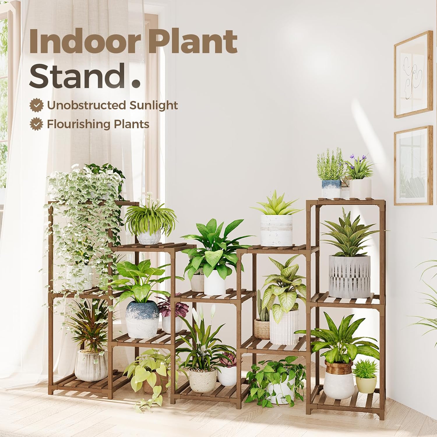 Bamworld Large Plant Shelf Outdoor Wood Plant Stand Large Rack for Living | Room Patio, Balcony and Garden