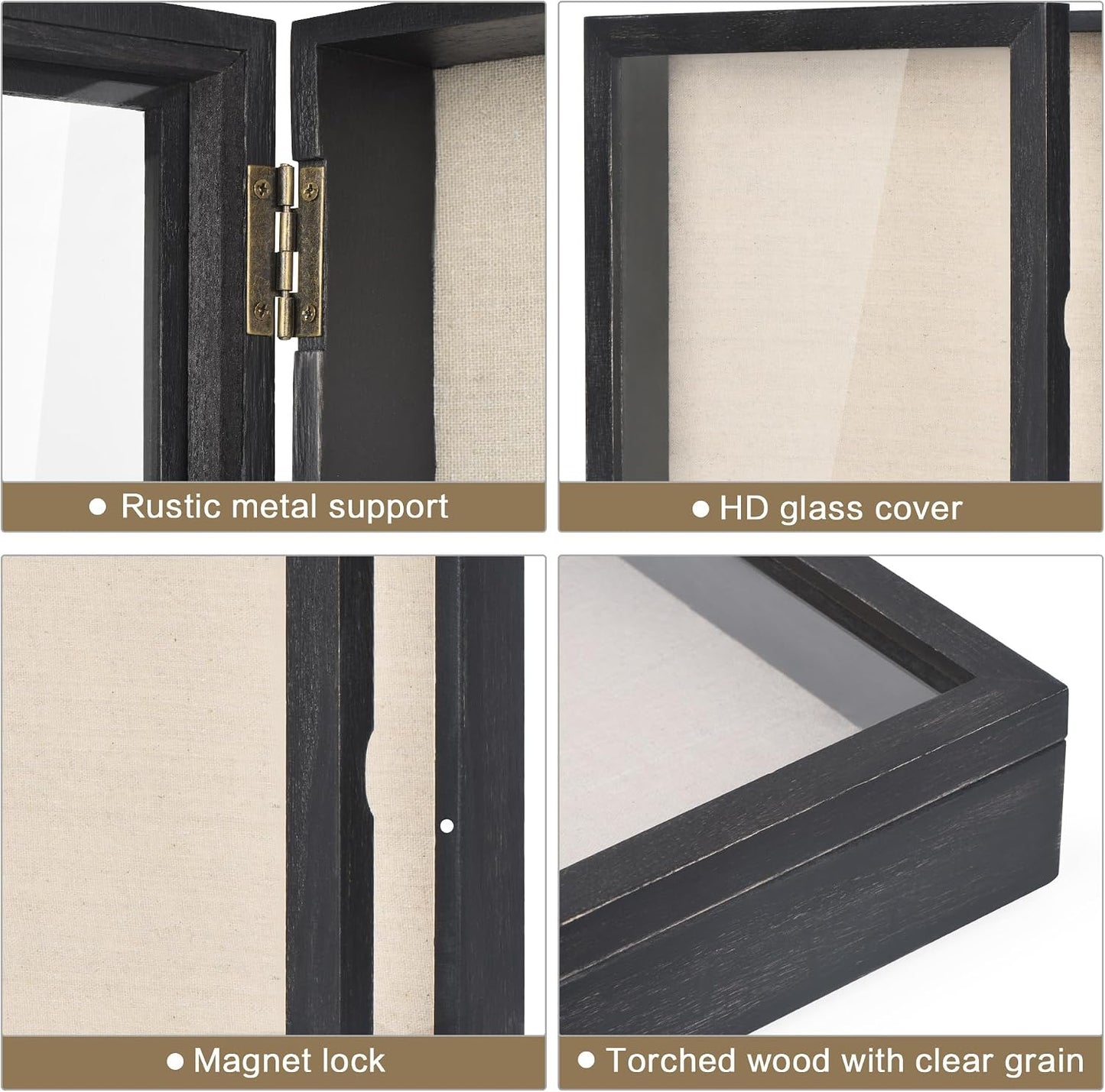 Love-KANKEI Deep Shadow Box 11x11,Solid Wood Frame,Memory Box,Rustic Black | Front-Opening Glass Magnetic Door,Linen