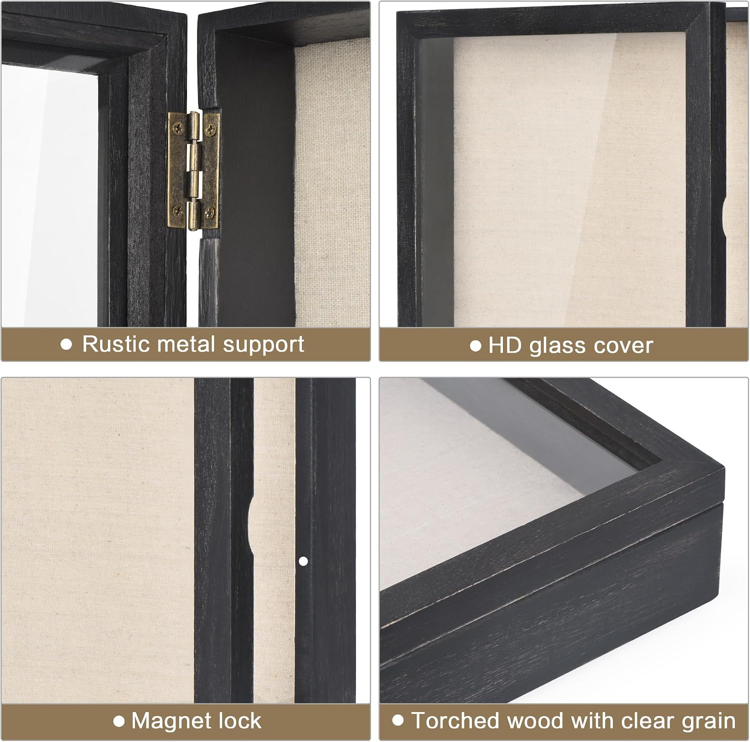 Love-KANKEI Deep Shadow Box 11x11,Solid Wood Frame,Memory Box,Rustic Black | Front-Opening Glass Magnetic Door,Linen