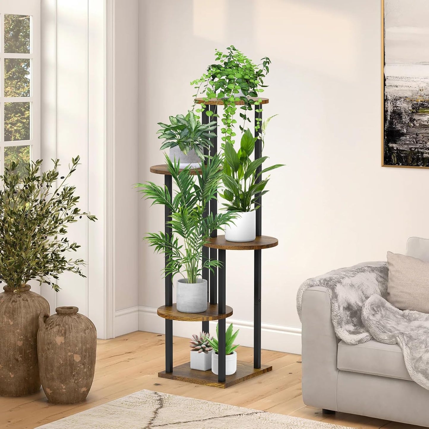 5 Tier Plant Stand Indoor, Metal Wooden Tall Plant Shelf Flower Pot Stand for Multiple Plants, Corner Flower Holder