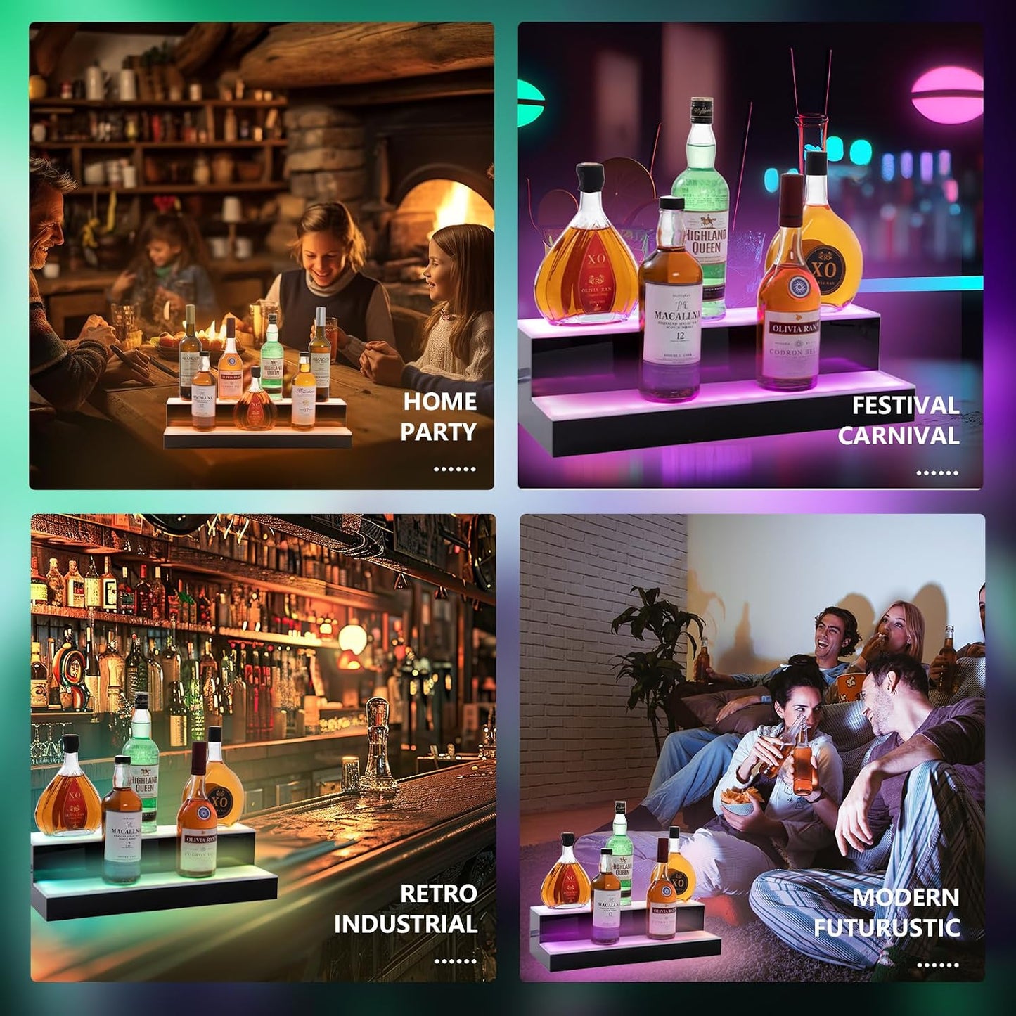 Led Lighted Liquor Bottle Display Shelf, 20 Inch 2 Tier Whiskey Rack, Support USB, Bar Stand with RF Remote & App