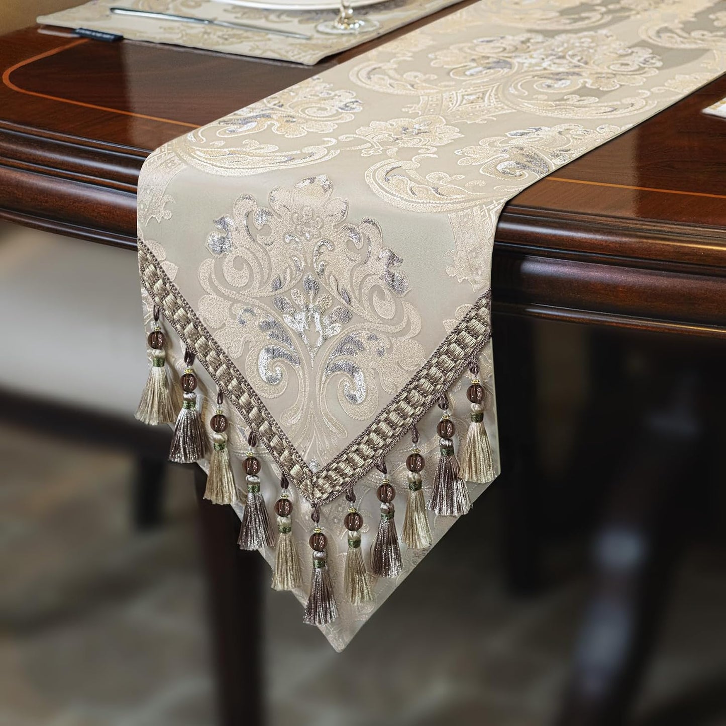 Loom and Mill Luxury Jacquard Table Runner 72 Inches Long, Light Apricot | Damask Floral Dining Table Runner with
