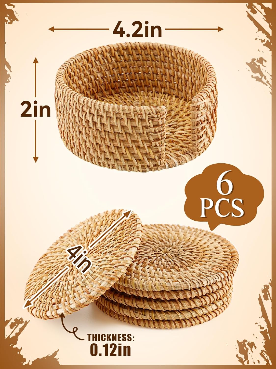 Holder / Wicker Drink Coasters Set / Natural / Set of 6