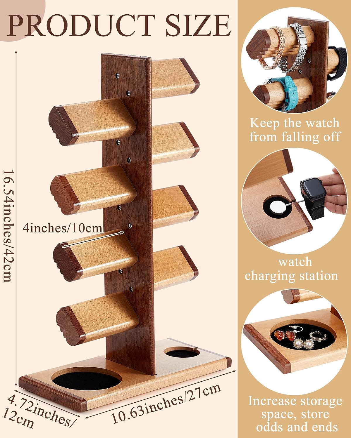 Vercraft Wooden Watch Stand Watch Display Holder Tower Wood Display Stand with Charging Station Jewelry Organizer for
