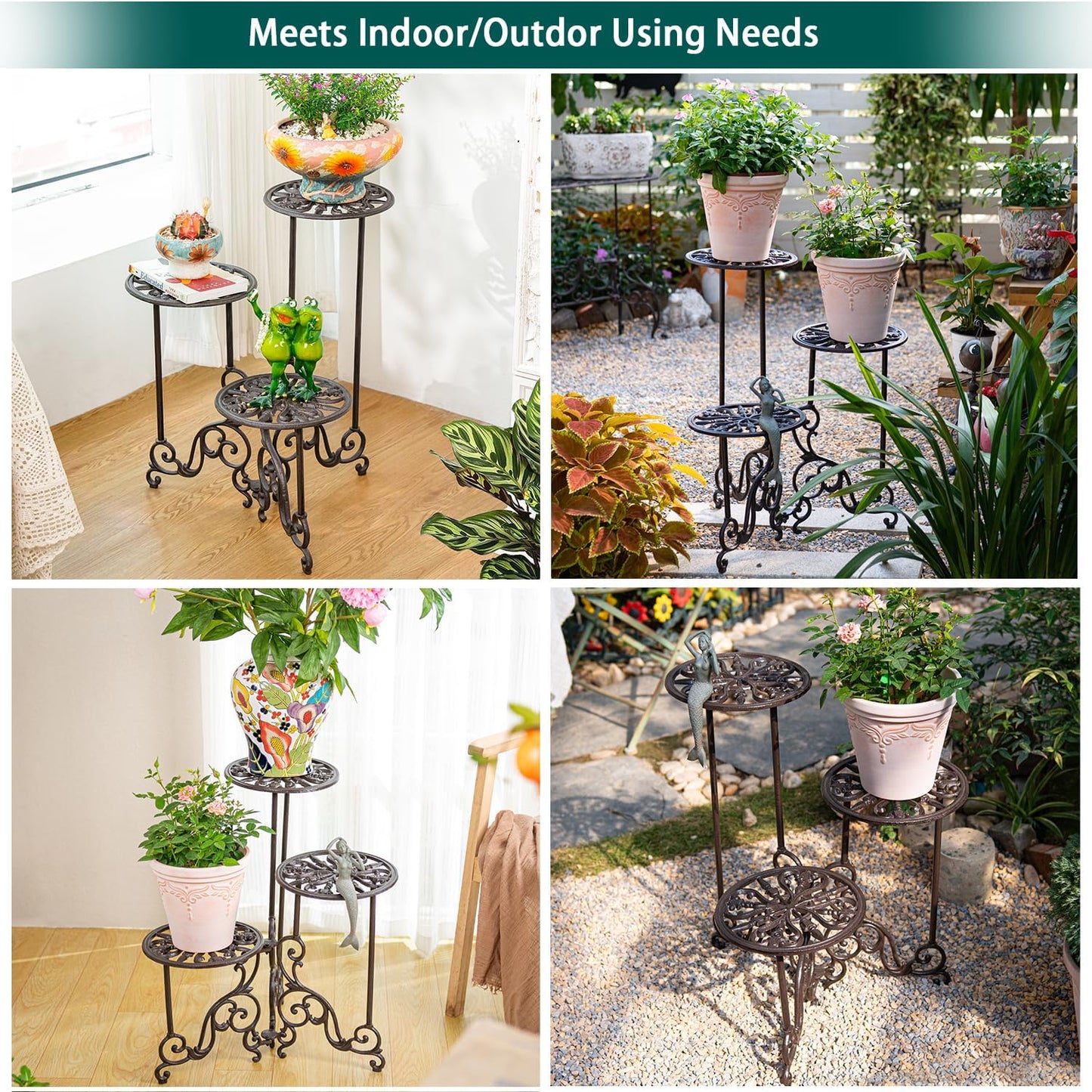 Sungmor Cast Iron Plant stand, 24 Inches Tall 3 Tier Foldable Design | Heavy Duty Rustic Metal Holder for Indoor Corner