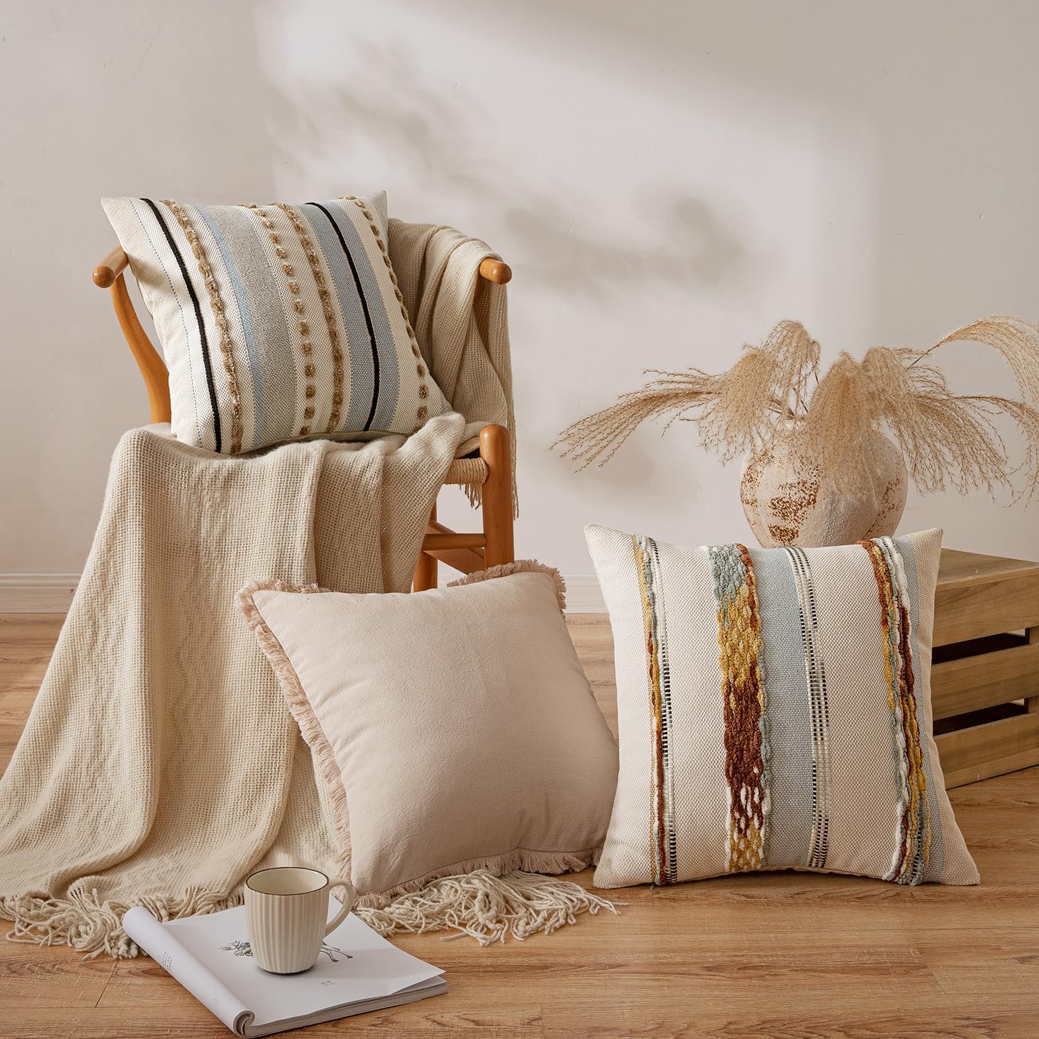 Boho Decorative Throw Pillow Covers Farmhouse Cushion Case / Blue-earth Tones / 18 x 18 / Set of 2