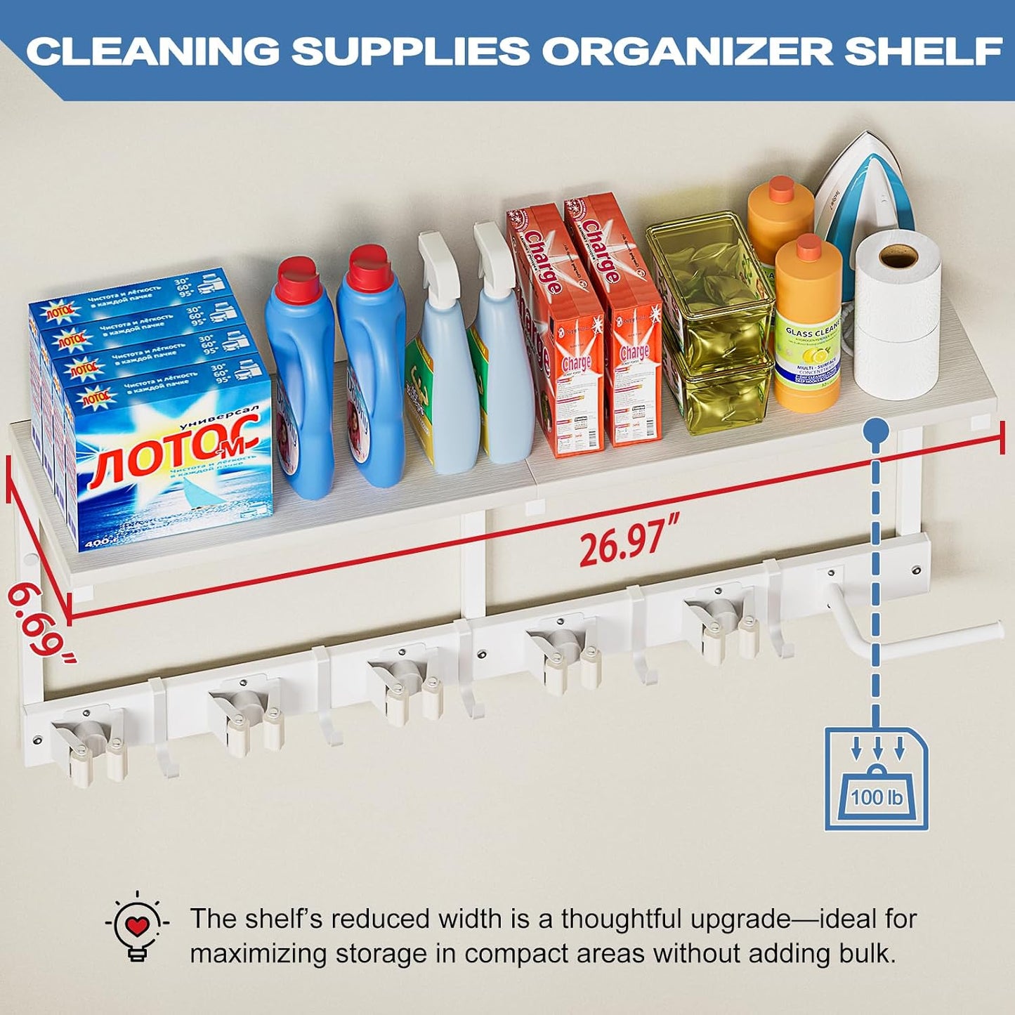 Broom Holder Wall Mount with Cleaning Supplies Organizer, Laundry Room Organization and Storage Shelf with Mop Hanger