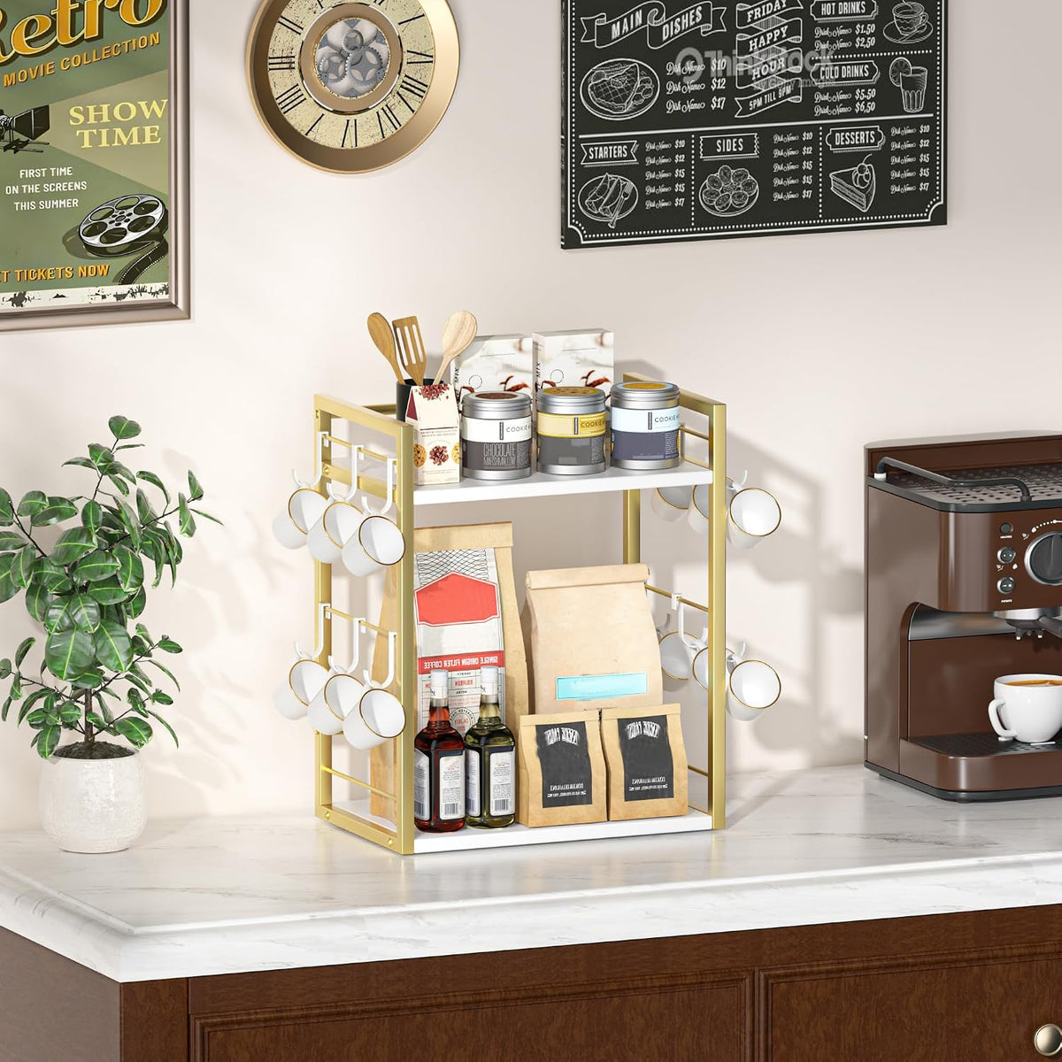Dorhors Coffee Bar Organizer,Mug Holder,Station Organizer Kitchen Counter | 2 Tier Gold + White Wood Coffee Bar