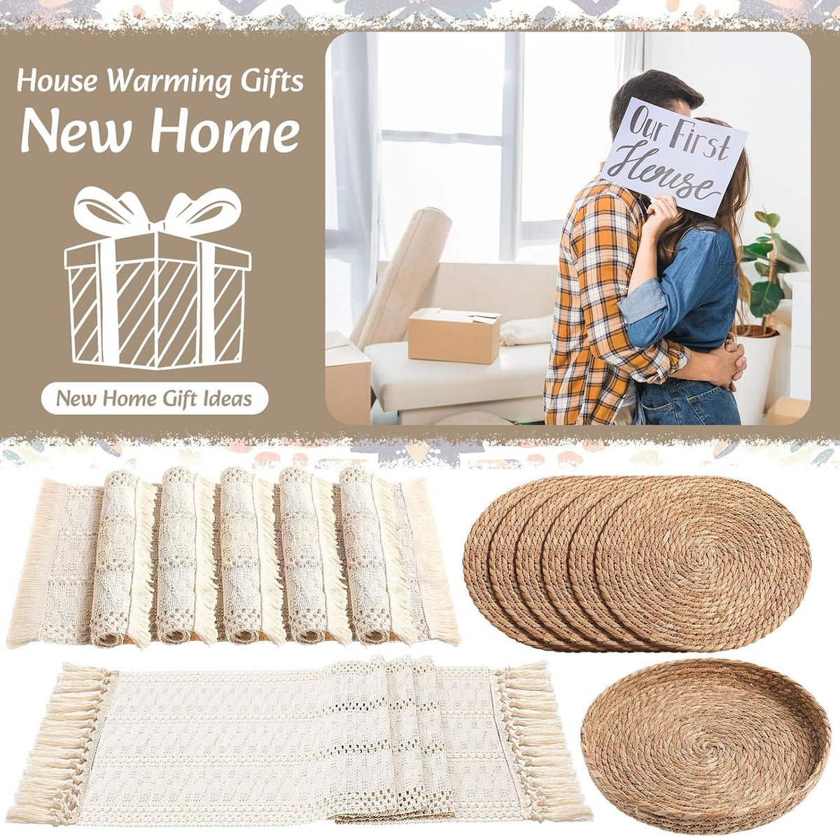 Boho Placemats 4/6/8 Set of Round Woven Placemat Macrame Style Bicolor Stitching Long Table Runner Farmhouse Rustic