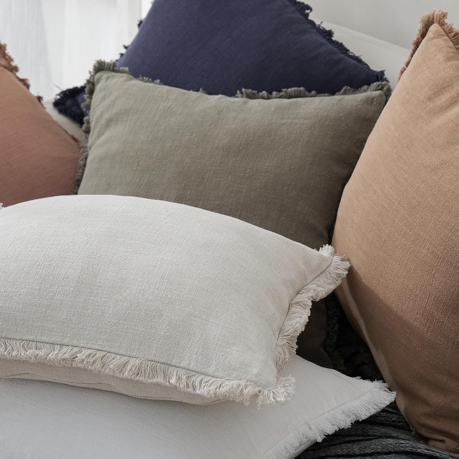 Decorative Linen Fringe Lumbar Throw Pillow Covers Boho Farmhouse Cushion / 20 x 12 / Natural Beige