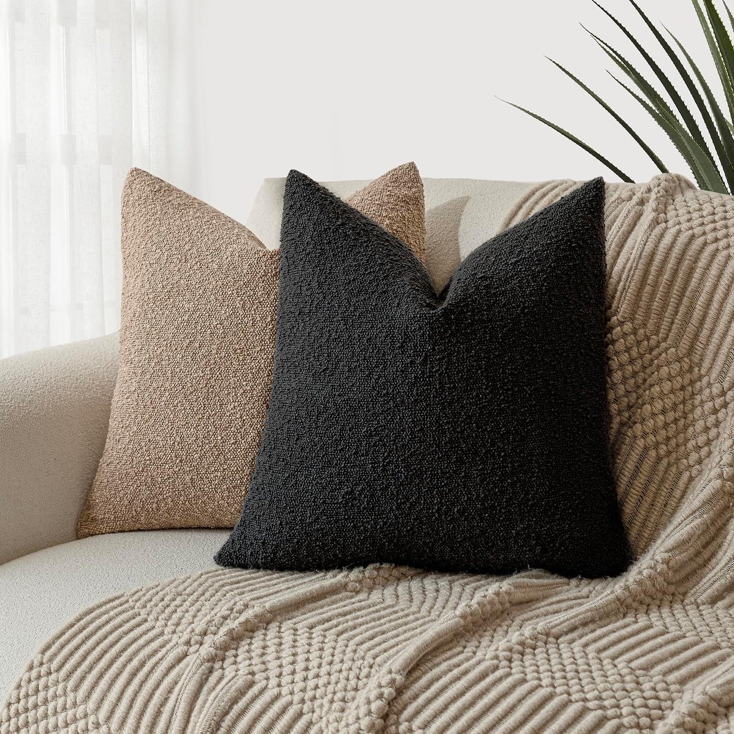Decorative Textured Boucle Throw Pillow Covers Accent Solid Pillow / 18 x 18 / Black / Set of 2