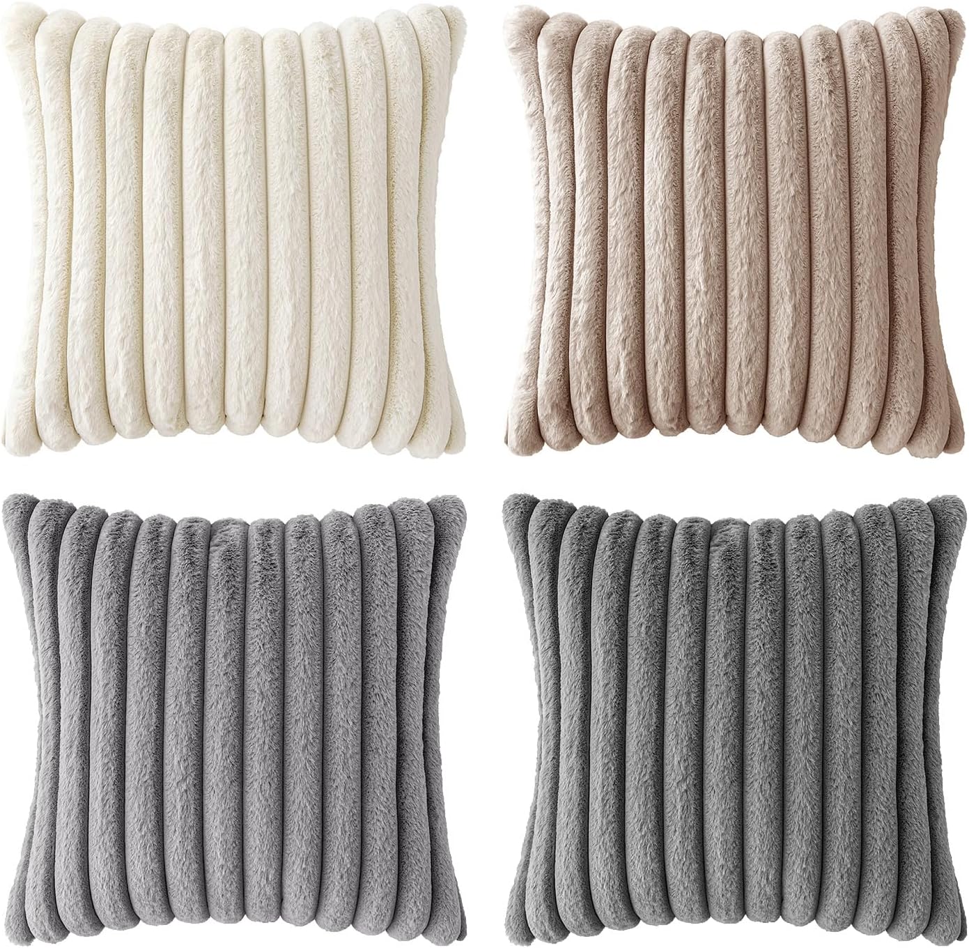 Faux Fur Plush Decorative Throw Pillow Covers / 18 x 18 / Grey Taupe / Set of 4