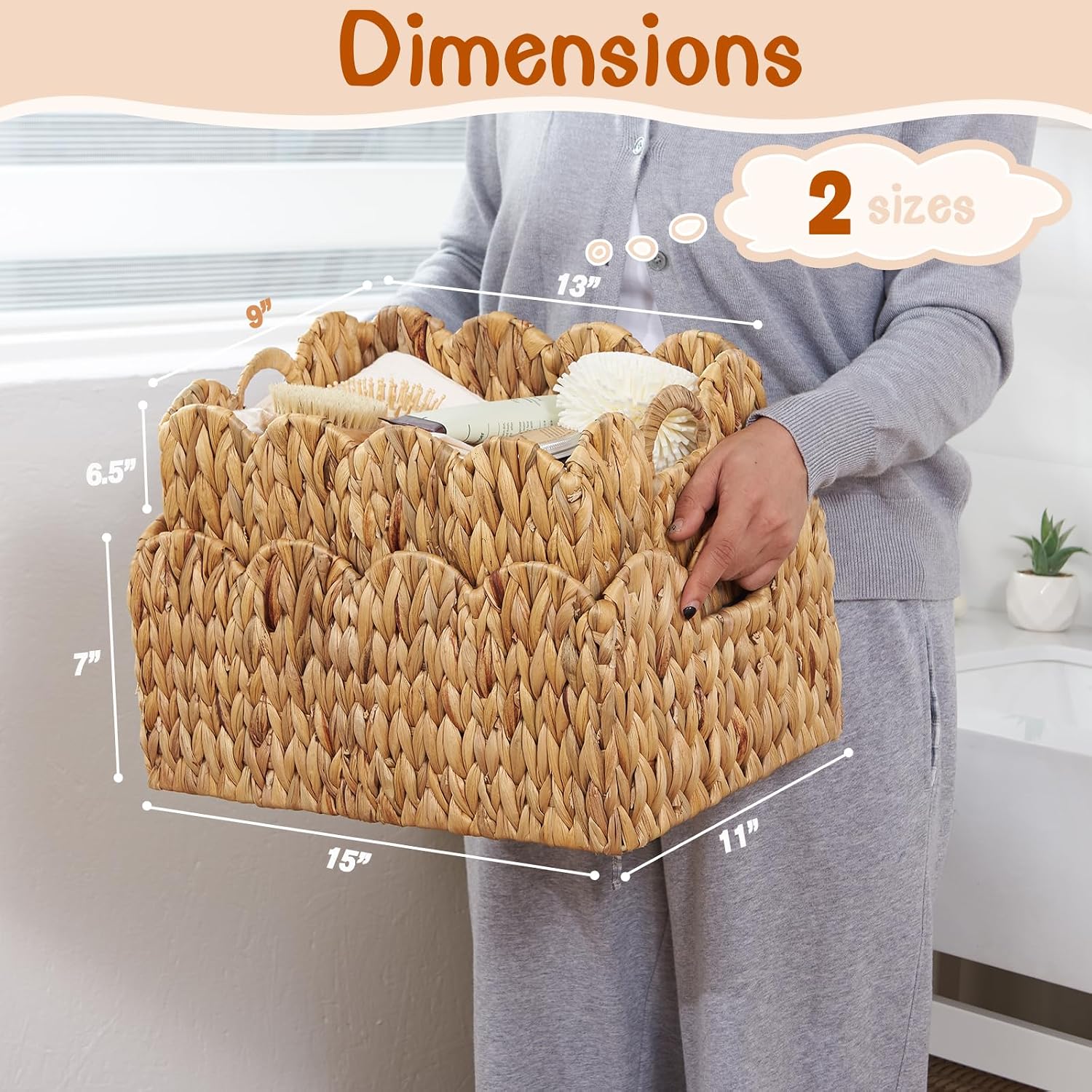 Wicker Basket / Handwoven Scalloped Wicker Storage Basket / Natural / L / Set of 2
