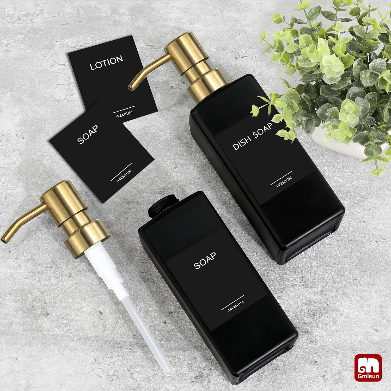 GMISUN Gold Soap Dispenser, Black Soap Dispenser Bathroom with Stainless Steel Pump, Hand and Dish Soap Dispensers Set