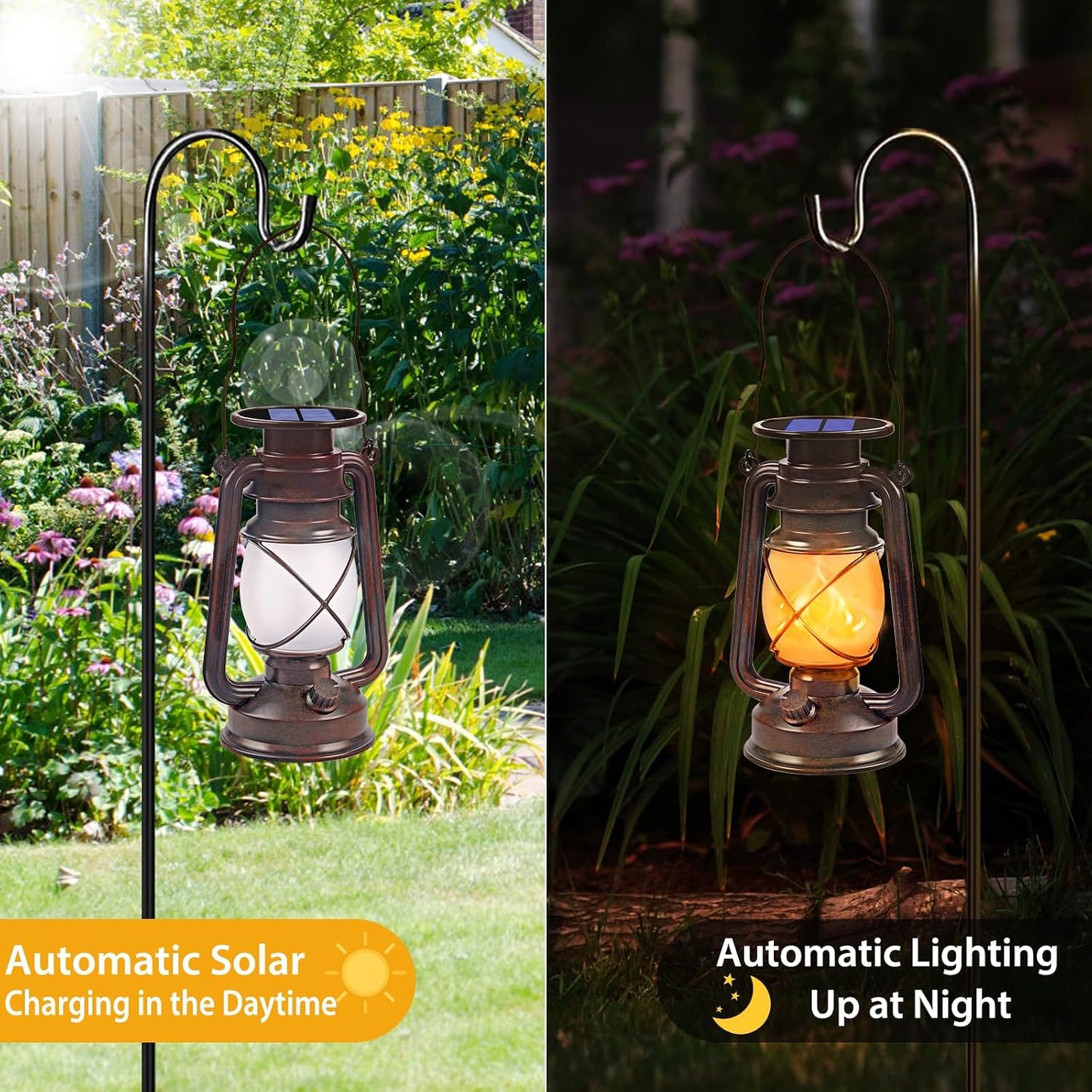 Solar Lanterns Outdoor Waterproof, 2 Pack Bronze Flickering Flame Lights | Vintage LED Hanging Lantern, Outdoor