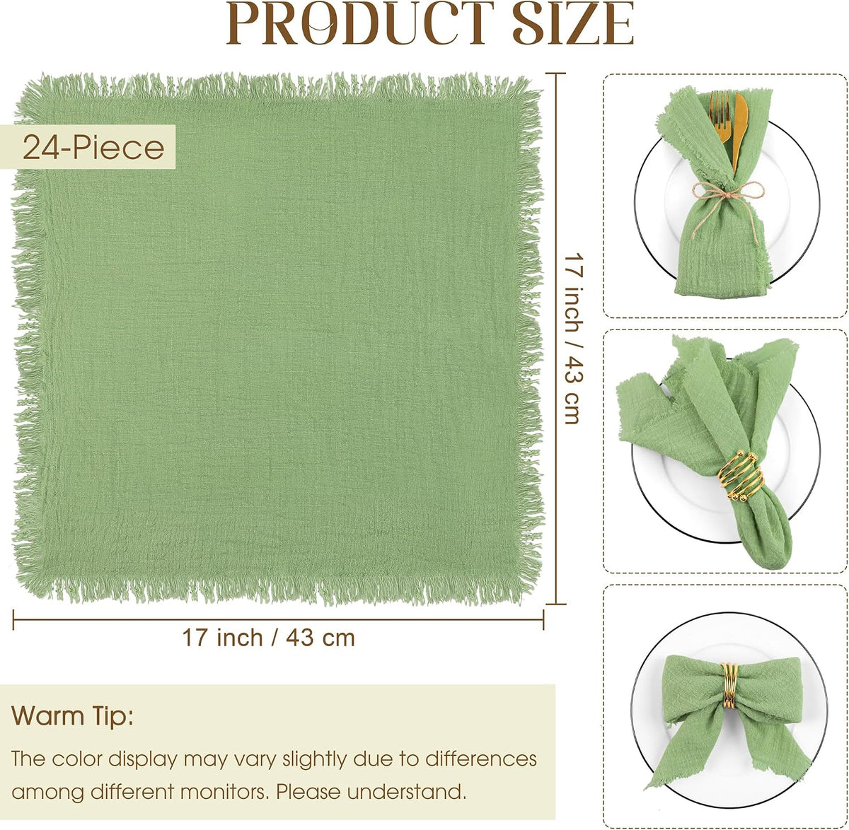 TURSTIN 24 Pieces Cotton Linen Cloth Napkin Handmade Cloth Napkin with Fringe 17 x 17 Inch Soft Cloth Dinner Wedding