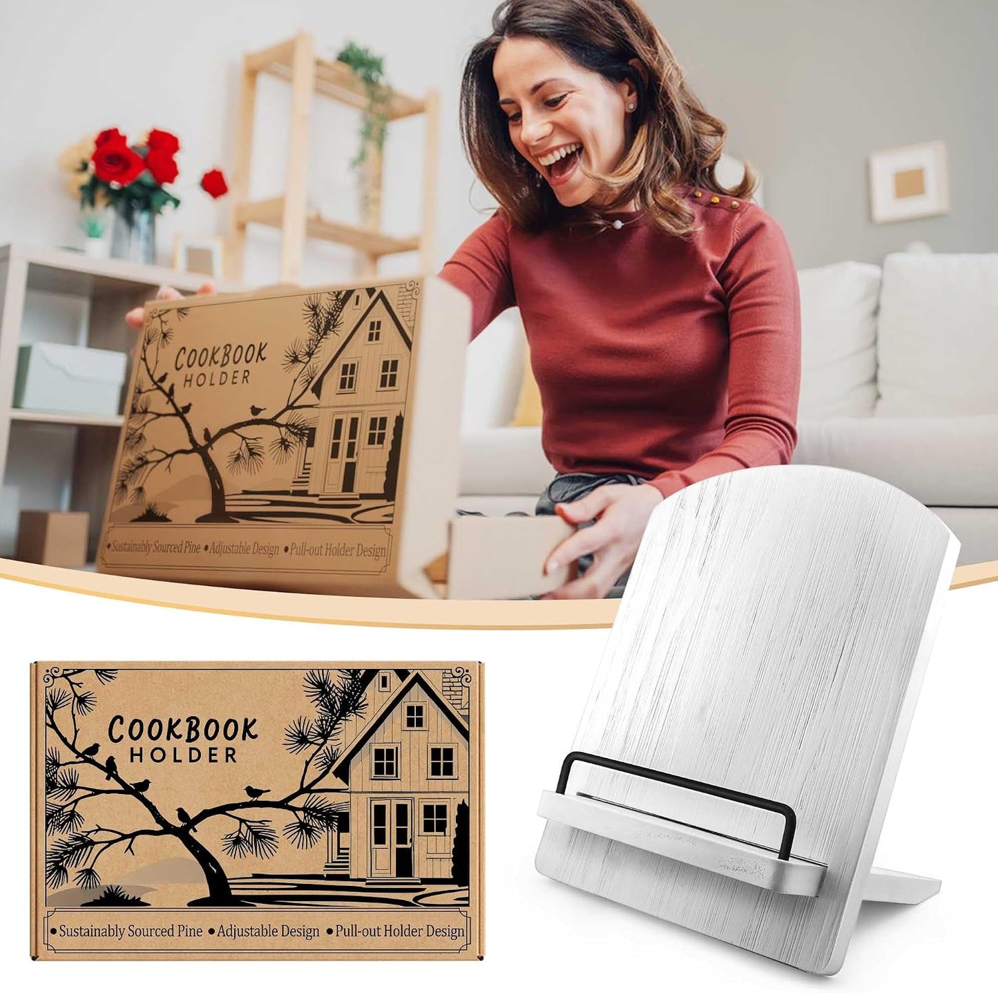 White Farmhouse Cookbook Stand: Wood Recipe Holder for Kitchen Counter | Sturdy Solid Wood Stand with Metal Page Clips
