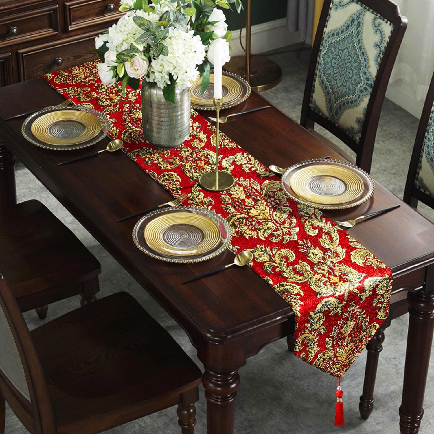 Exquisite Red Table Runner Large 108 Inch Vintage European Floral Chenille | for Christmas Dining Table,Dresser,Banquet