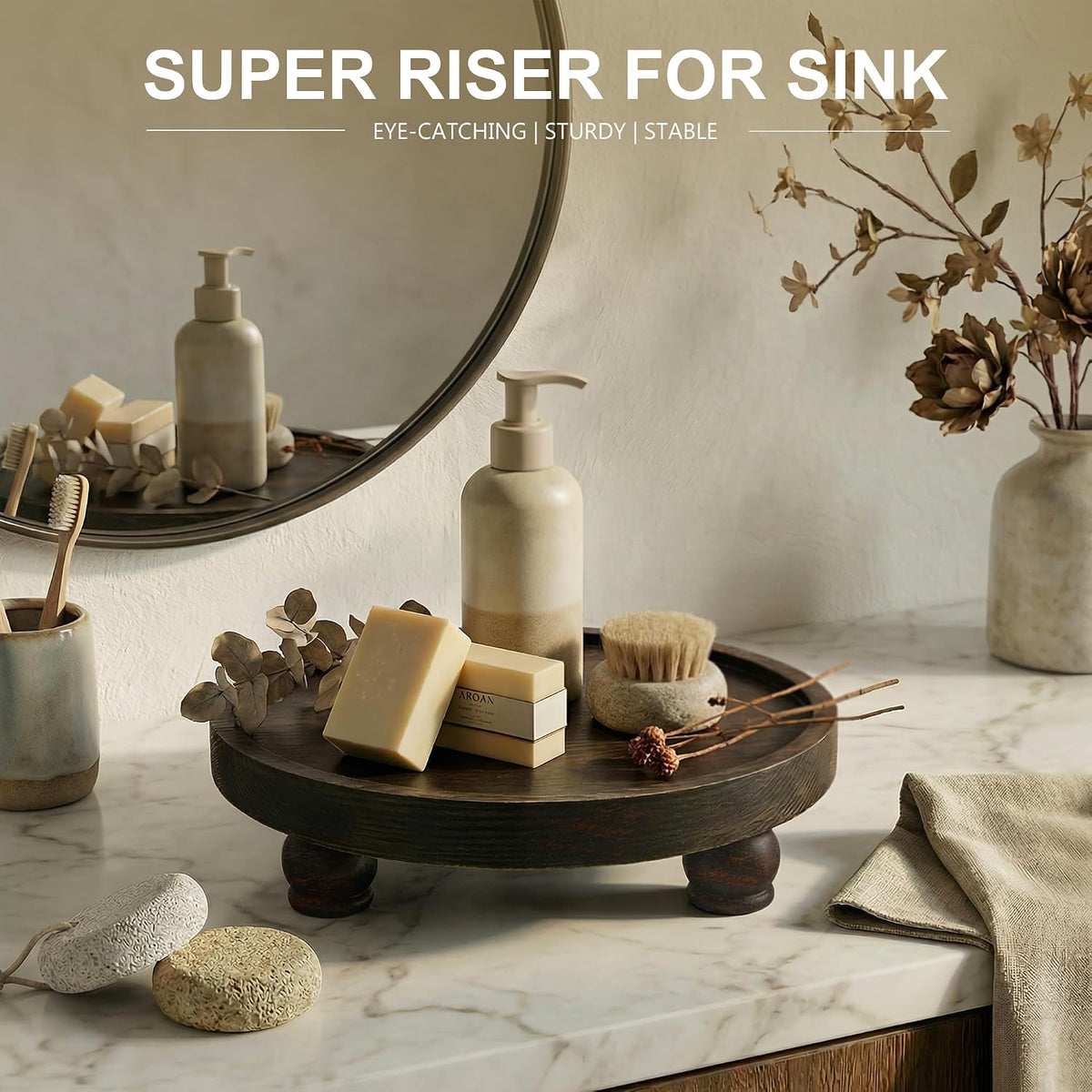 EOSAHR Display Riser: Pedestal Stand for Kitchen Decor, Distressed Black | Pine Wood, 10" Round Candle Display Stand