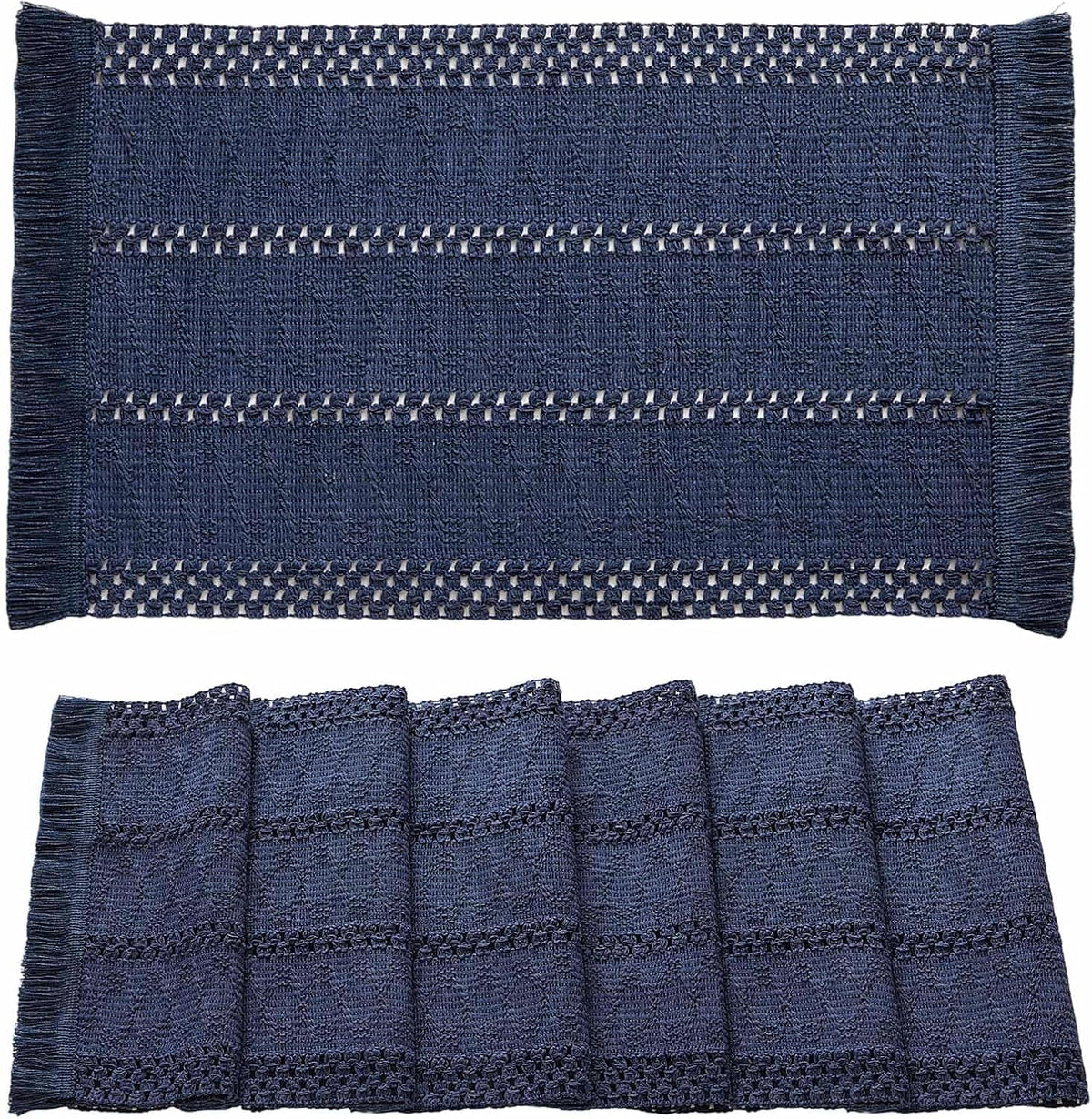 Macrame Style Boho Placemats Set of 6, Navy Blue 12x20 Inch | Decorative Farmhouse Table Mats, Natural Cotton Woven