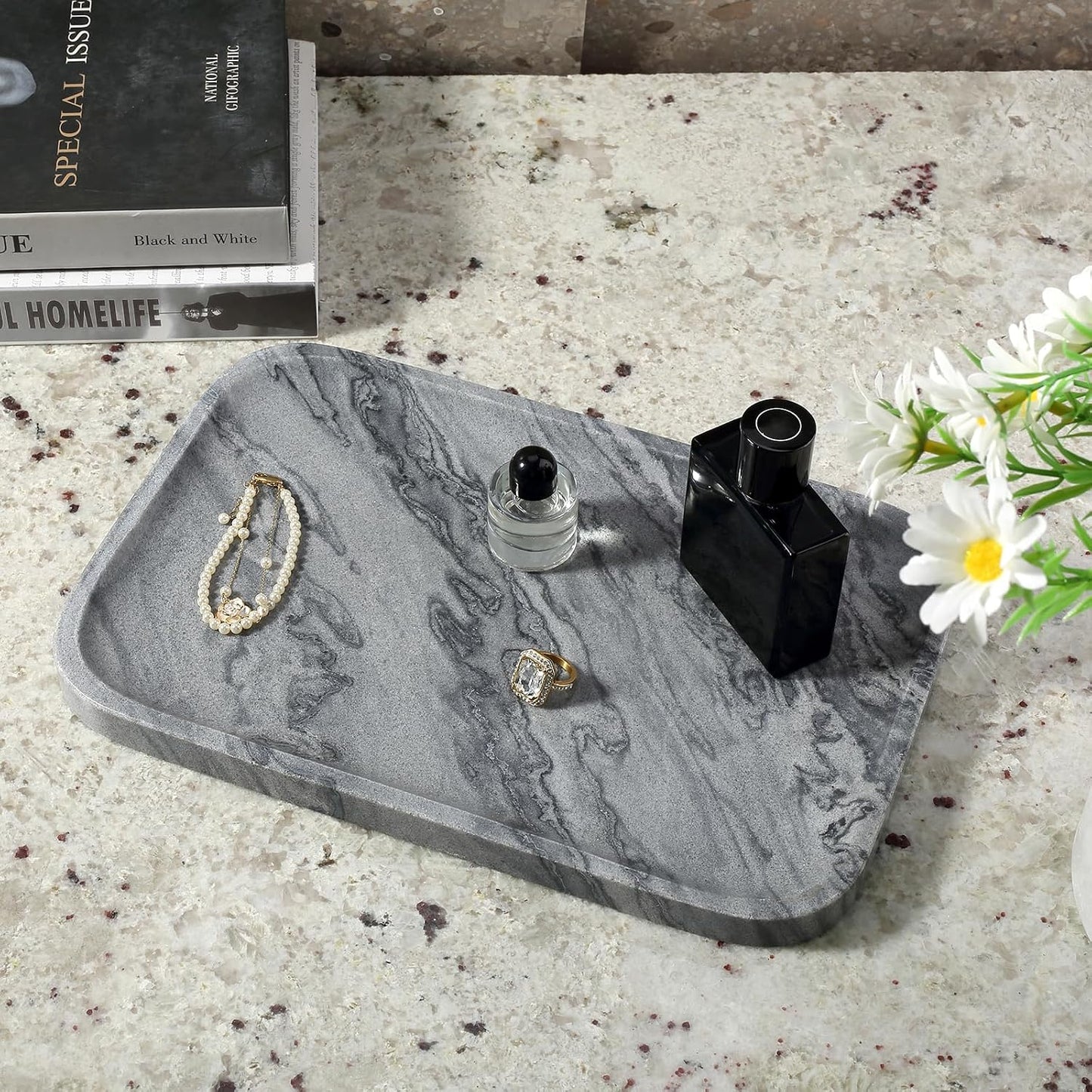 Marble Tray / Natural Marble Vanity Tray for Countertop Bathroom Kitchen Dresser / Gray / 12 x 8