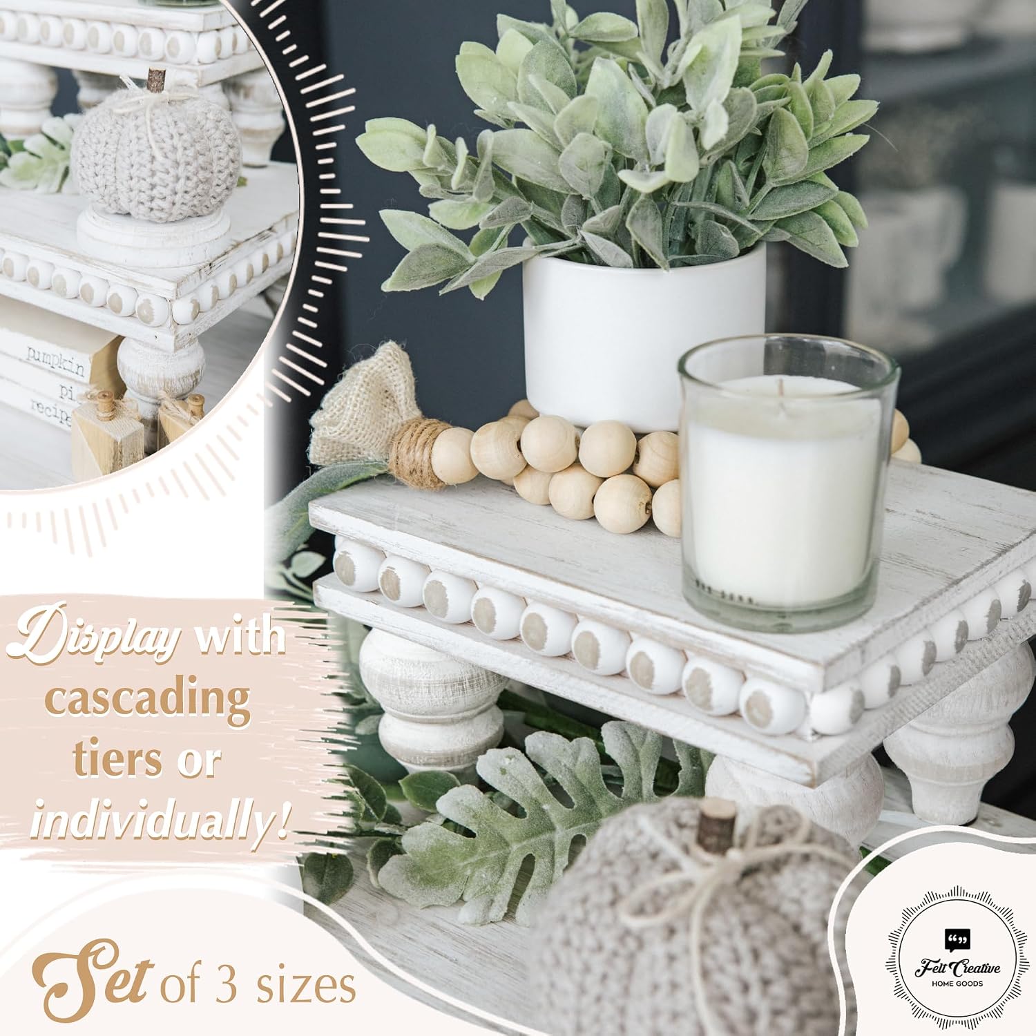 Decorative Tray [Set of 3] Wooden Tiered Tray Stand Display Risers - Tiered Tray Decor for Tabletop Use, Kitchen