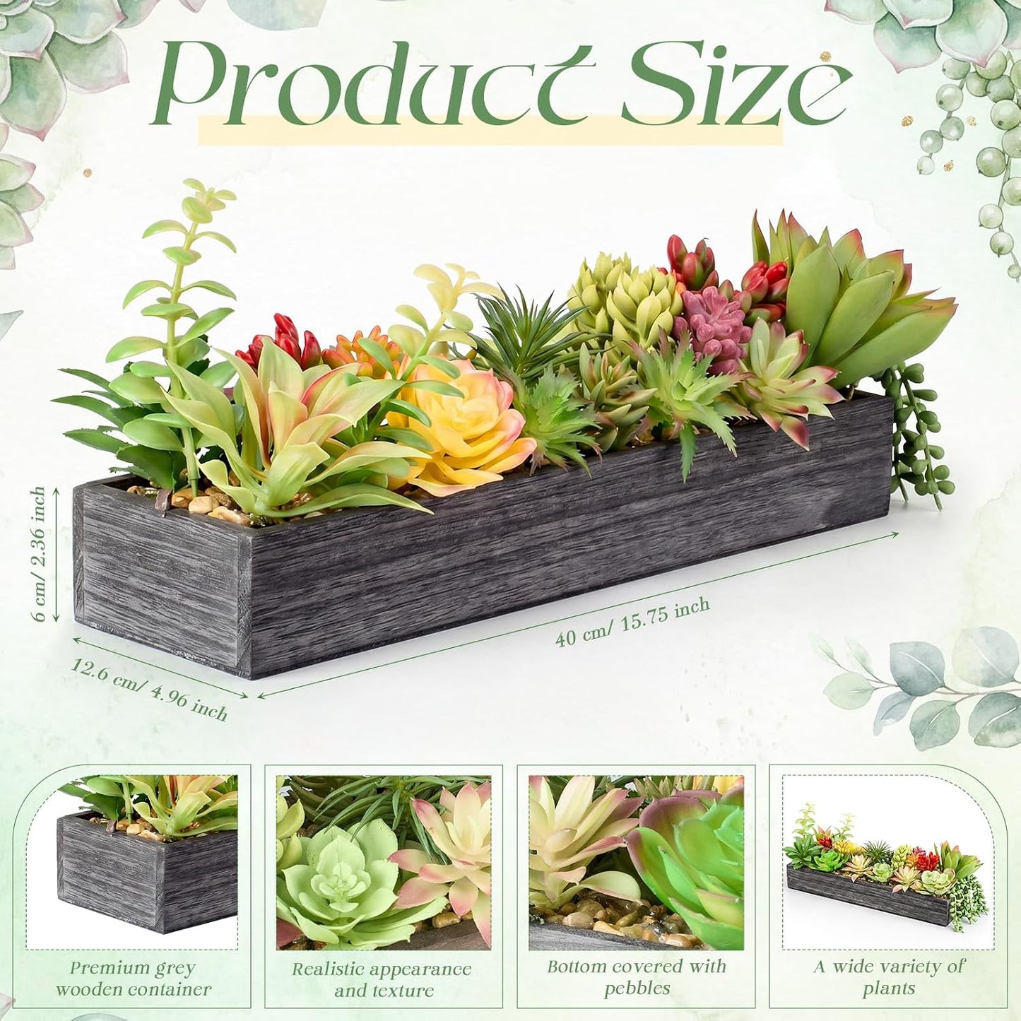 Artificial Succulent Arrangement Faux Succulents Plants in Rectangular / Grey / Grace / 16 Inch