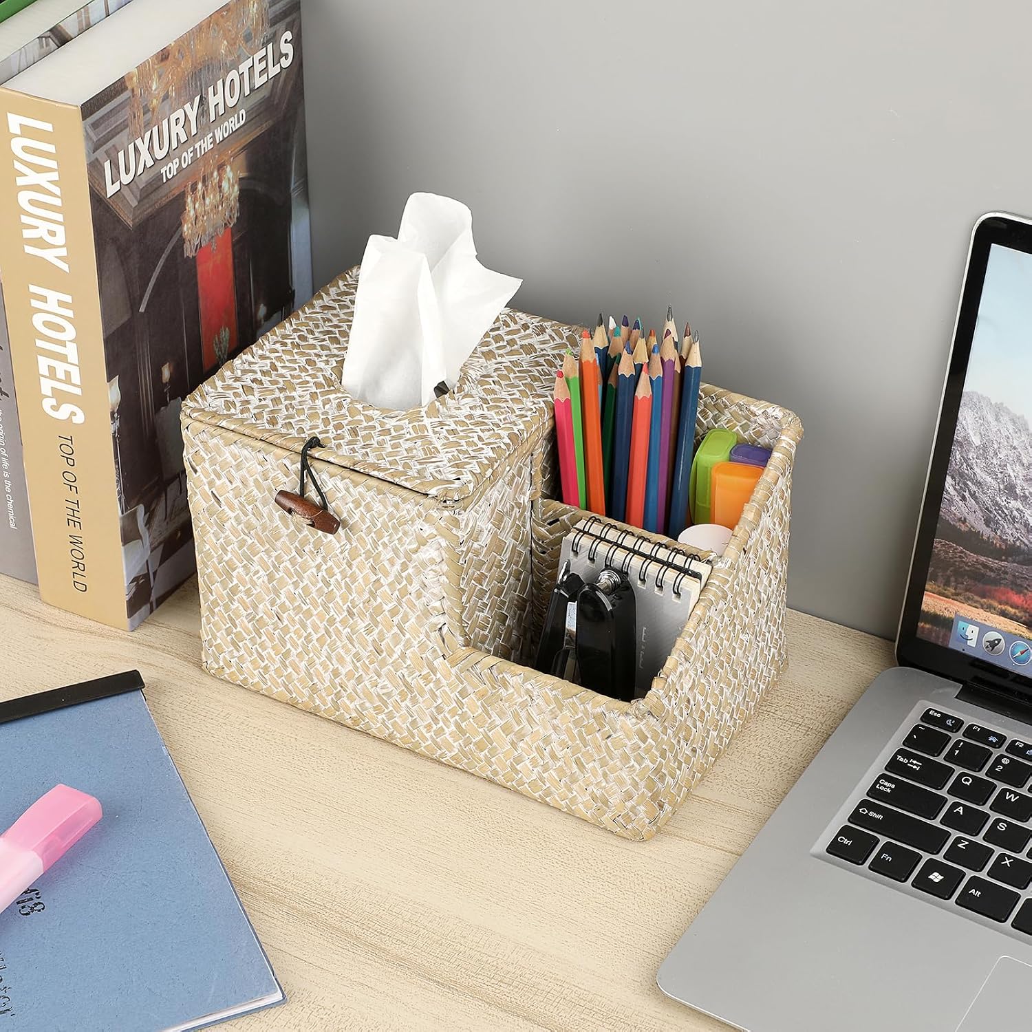 Tissue Box Cover-Square Woven Tissue Box Organizer for Desk Rustic Tissue Box / Whitewash / Seagrass