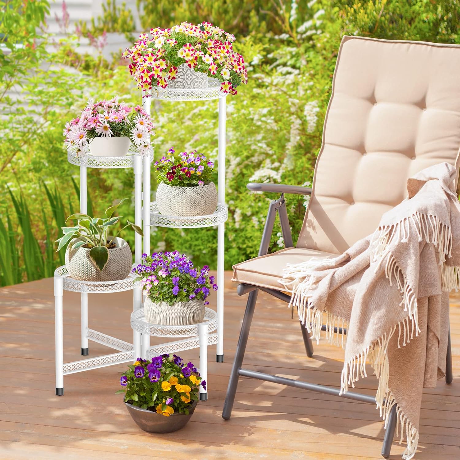 iDavosic.ly Plant Stand Indoor Outdoor, 5 Tier Iron Corner Shelf, White | Tiered Tall Flower Display Holder, Folding