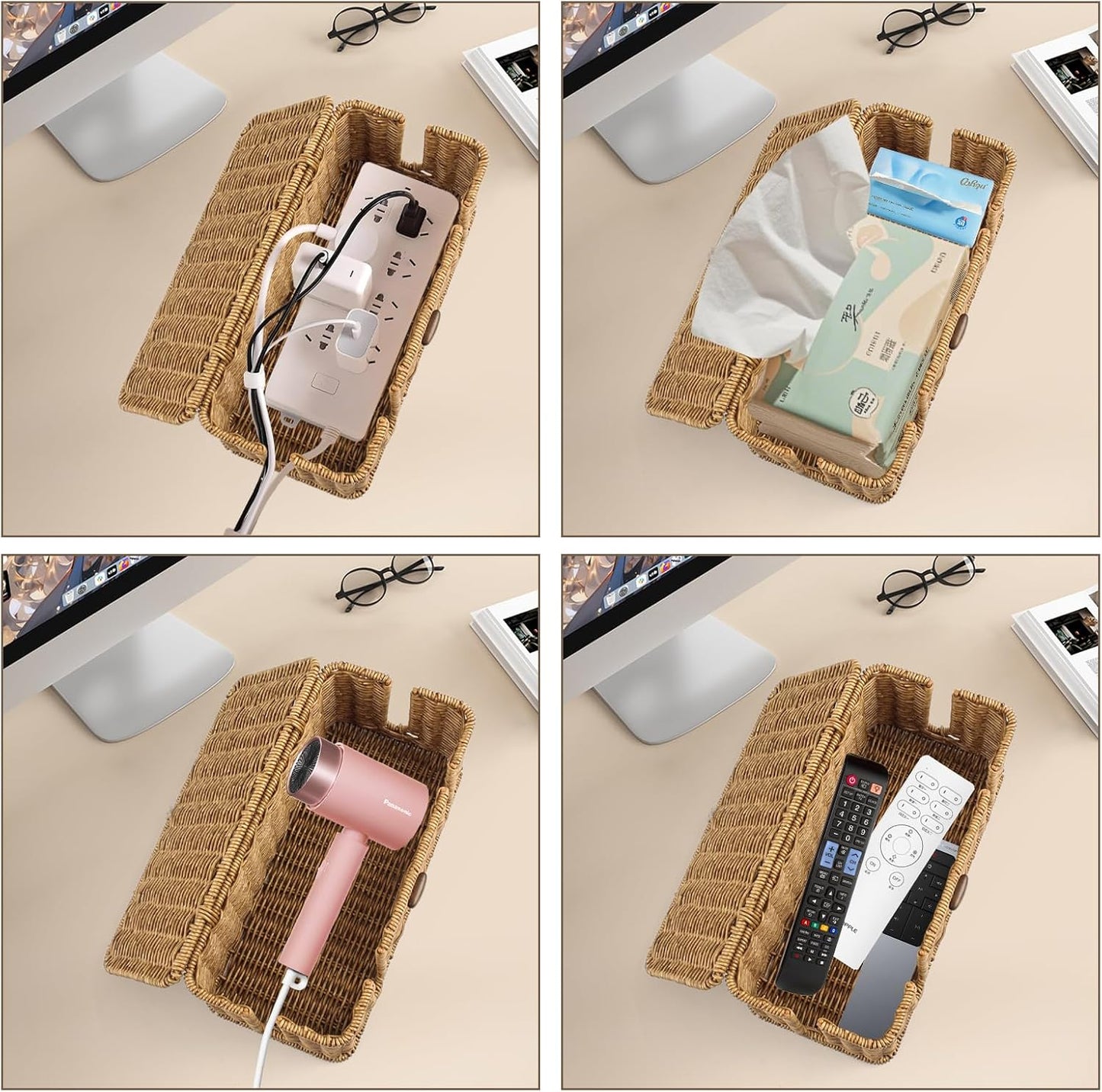 2 Pack Rattan Cable Management Box, Large Cord Organizer Box with Lid Under Desk Router Hider Storage Box with 4 Exits