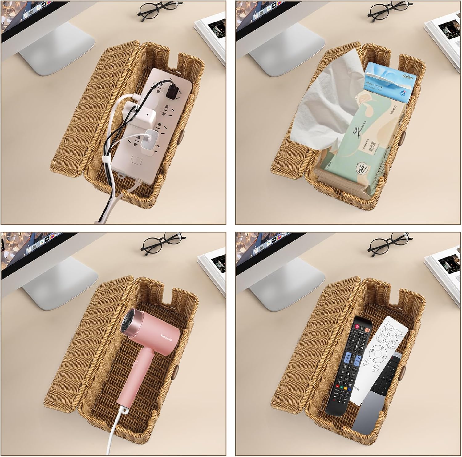 2 Pack Rattan Cable Management Box, Large Cord Organizer Box with Lid Under Desk Router Hider Storage Box with 4 Exits