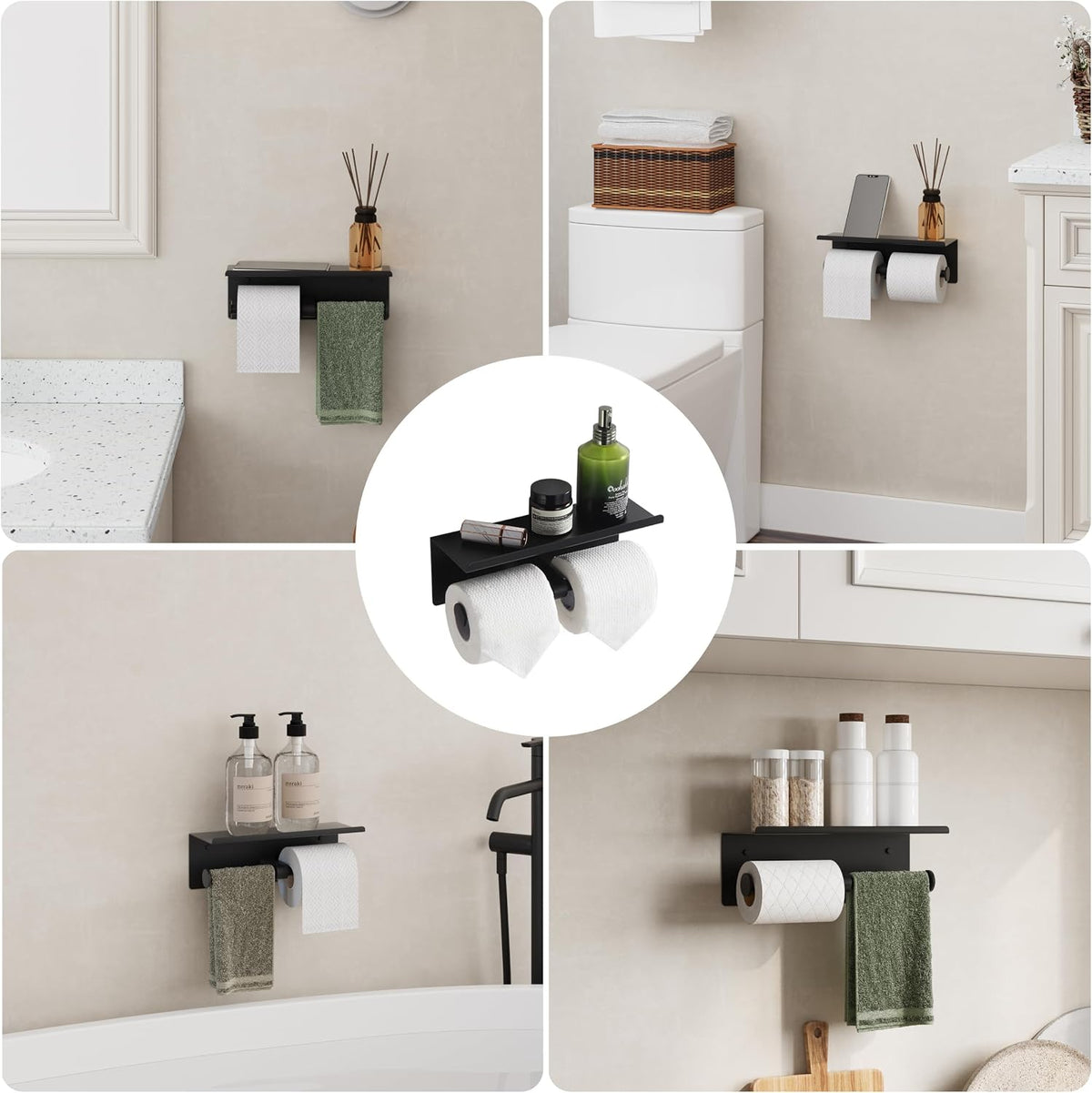Black Toilet Paper Roll Holder with Shelf Wall Mounted for Bathroom (Black, 2 Pack)