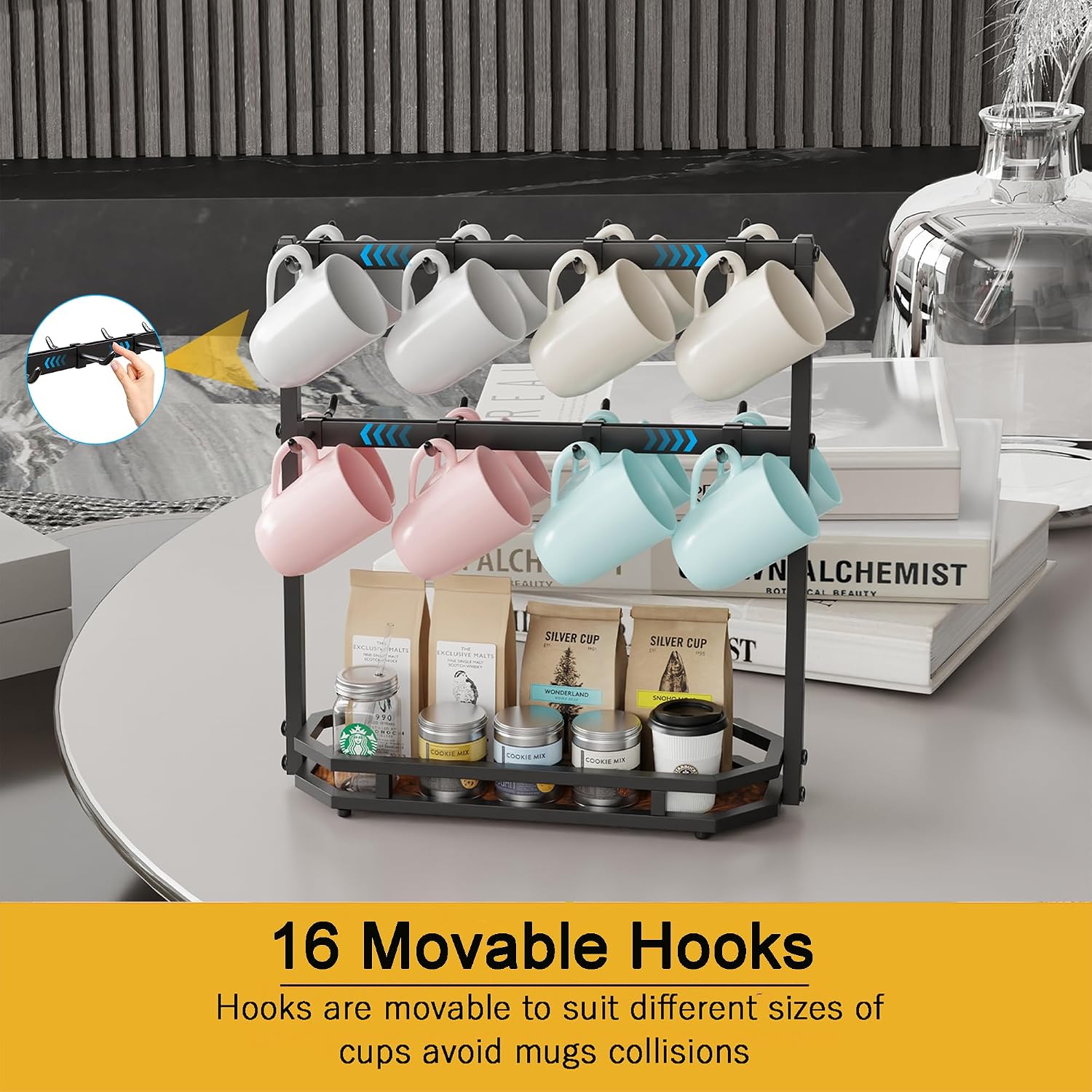 Coffee Mug Holder with Movable Hooks,16 Capacity Coffee Cup Holder for Countertop, Metal Mug Tree Holder Rack with