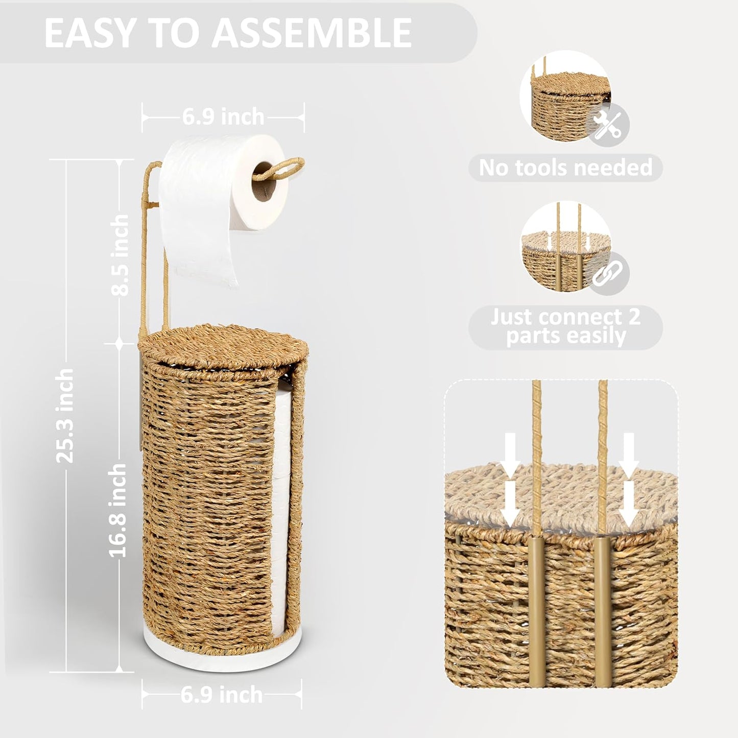 Freestanding Wicker Toilet Paper Holder with Lid, 3 Rolls of Toilet Tissue Storage, Rattan Handmade Woven Toilet Paper