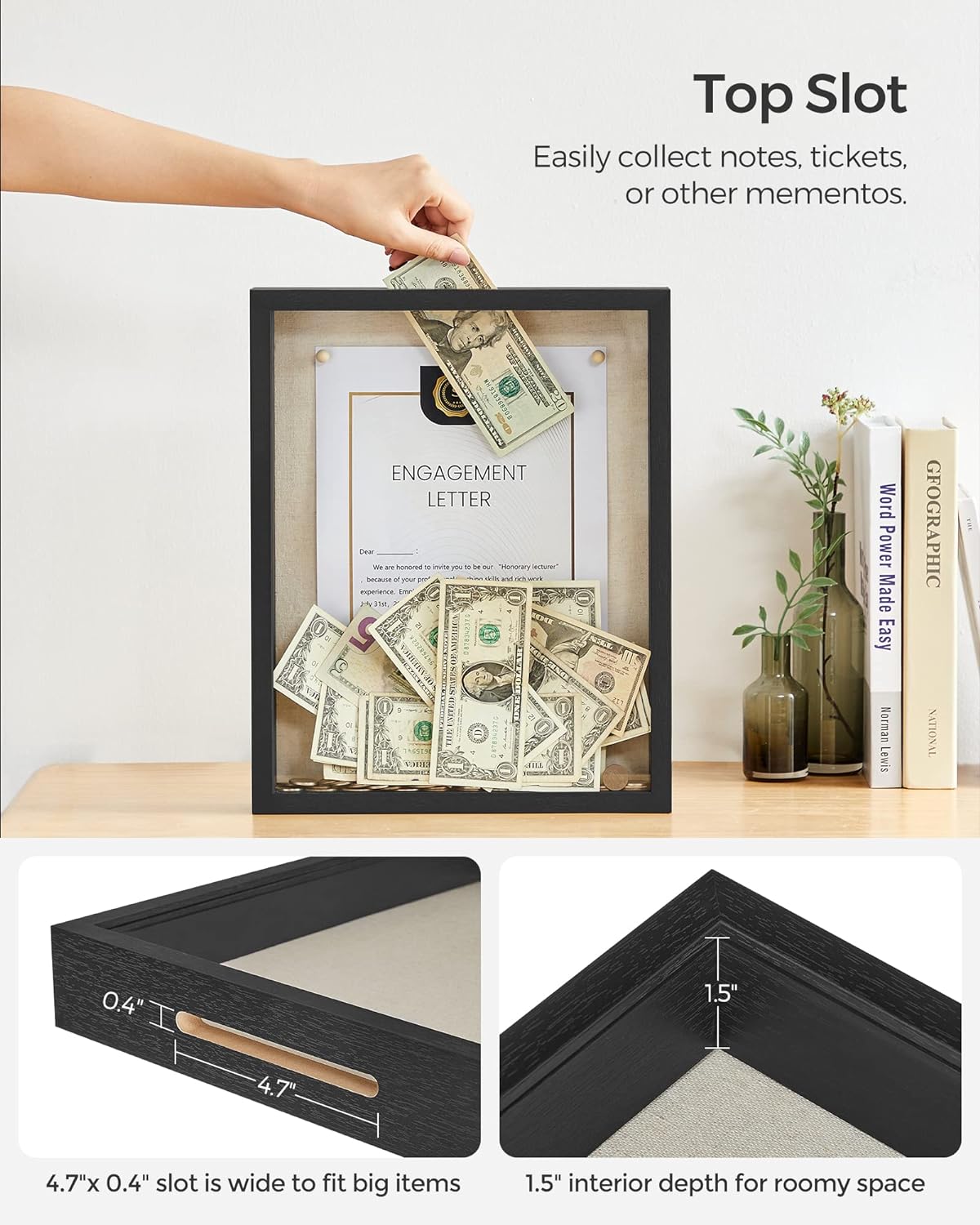 SONGMICS 11x14 Shadow Box Frame, with Top Slot and Glass Front | Picture Frame Display Case, Linen Fabric Backing, Push