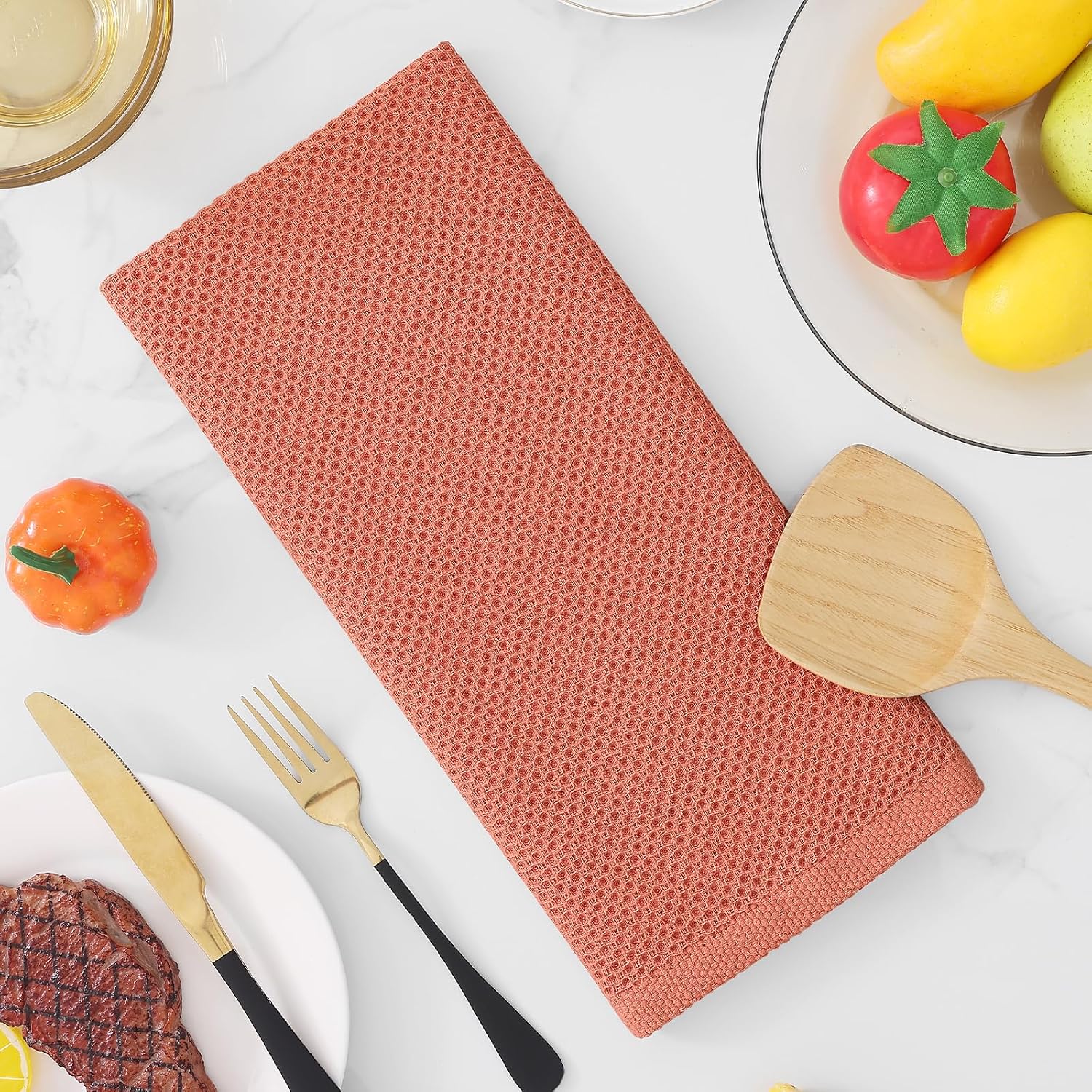 Homaxy 100% Cotton Waffle Weave Kitchen Dish Towels 12-Pack, Coral | 13 x 28 Inches, Ultra Soft Absorbent Dish Towels
