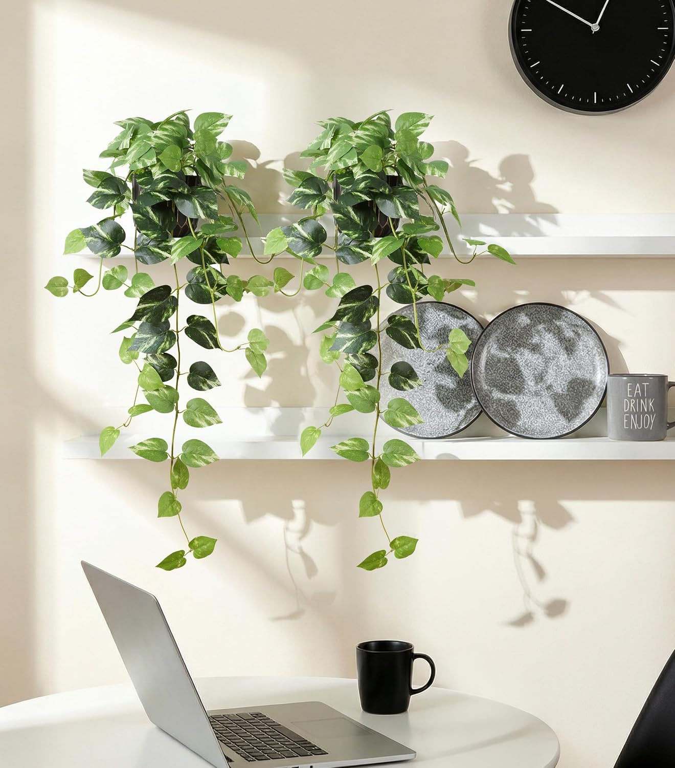 Fake Plants Faux Pothos Plants Potted Indoor Artificial / Golden Green Pothos Potted / Set of 2