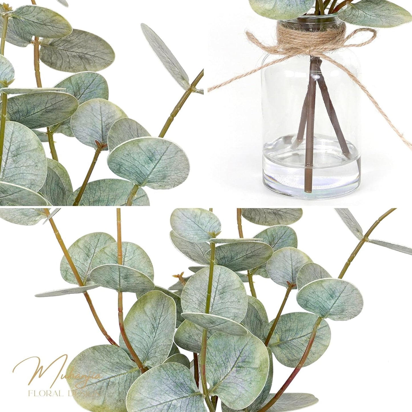 Artificial Eucalyptus Stems in Glass Vase / Double-sided Green Eucalyptus / Set of 3