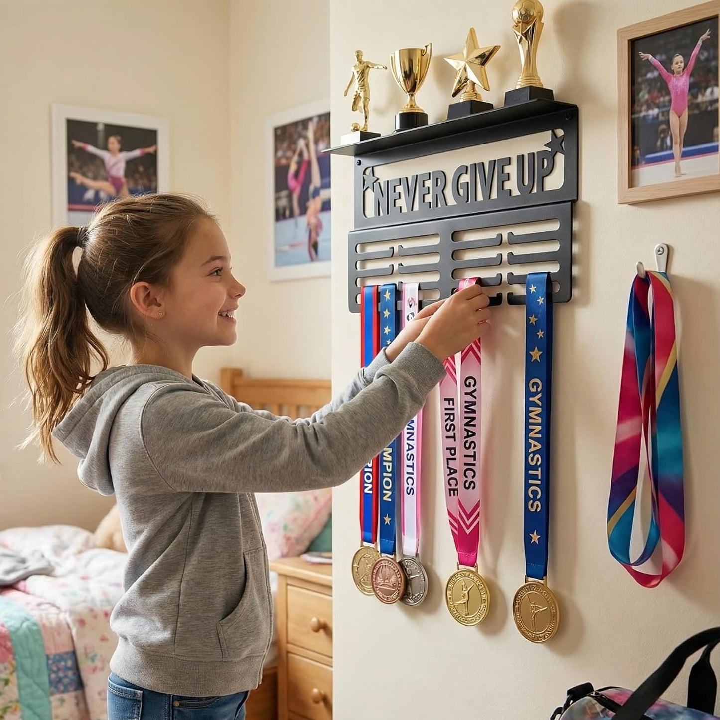 AGATHOS HOME Medal Hanger Display with Trophy Shelf - Metal Awards Rack for Walls Holds 64+ Sports Medals- Our Never