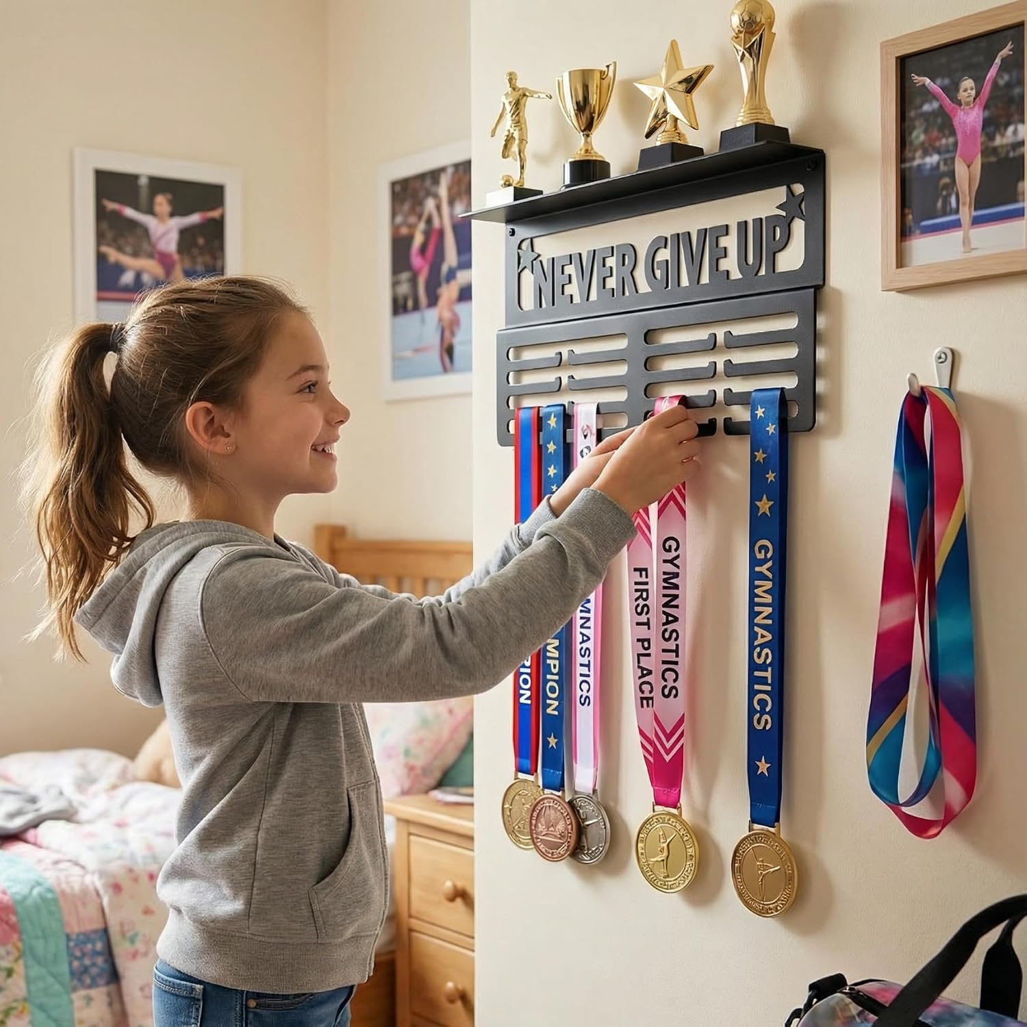 AGATHOS HOME Medal Hanger Display with Trophy Shelf - Metal Awards Rack for Walls Holds 64+ Sports Medals- Our Never