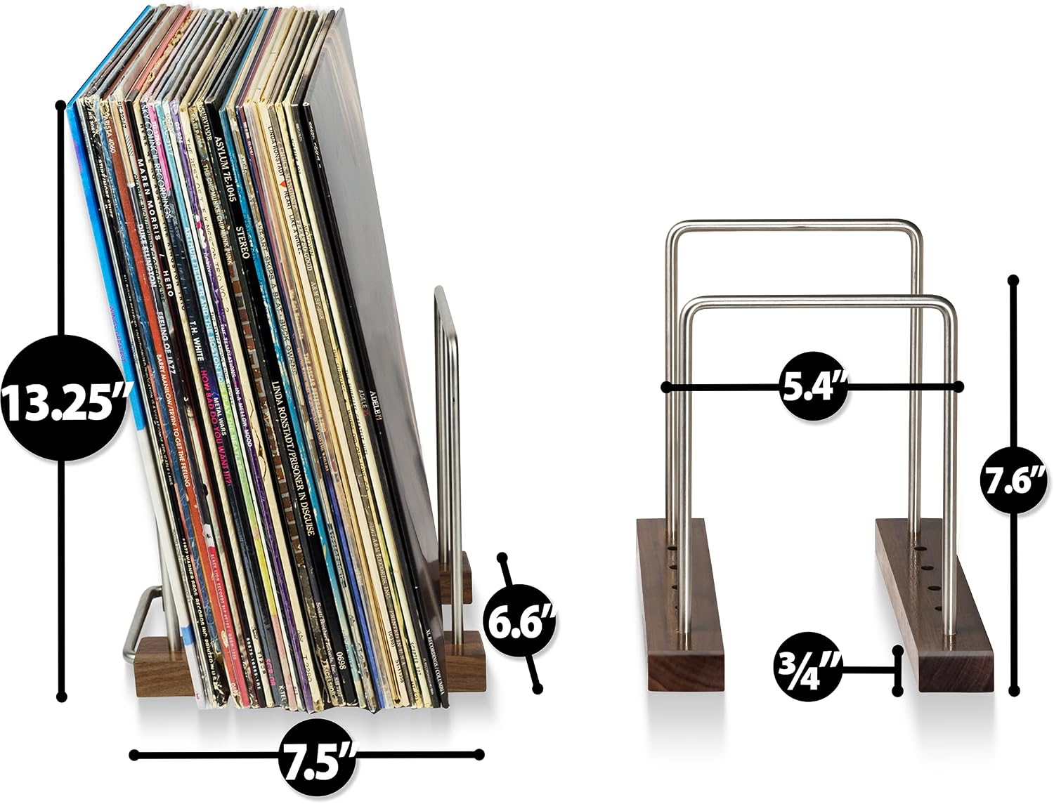 35 LP Vinyl Record Storage Holder, Solid Walnut, Adjustable | Solid Walnut and Steel, Holds 25-35 LPs, Adjustable