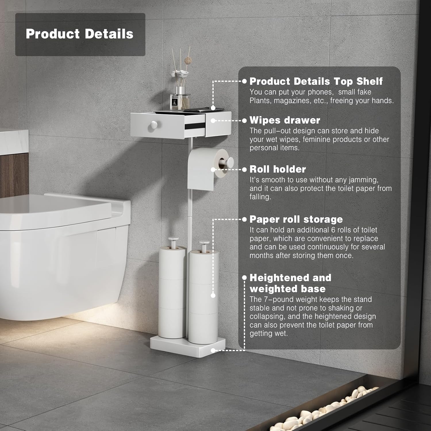 VOLDRA Toilet Paper Holder Stand with Shelf, Free Standing Toilet Paper Roll Holder with Wipes Storage Drawer Heavy