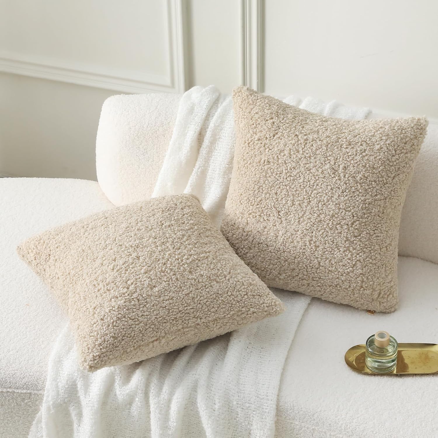 Furry Faux Fur Teddy Boucle Textured Cushion Covers / Beige / 18 x 18 / Set of 2