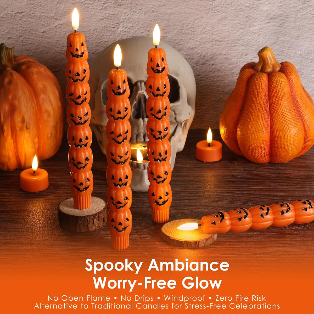 Orange Pumpkin Halloween Flameless Taper Candles with Remote | Spooky Flickering LED Wax Candlesticks, 2 AAA Battery