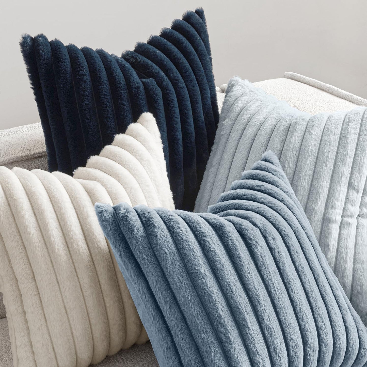Faux Fur Plush Decorative Throw Pillow Covers / 18 x 18 / Navy Blue / Set of 4
