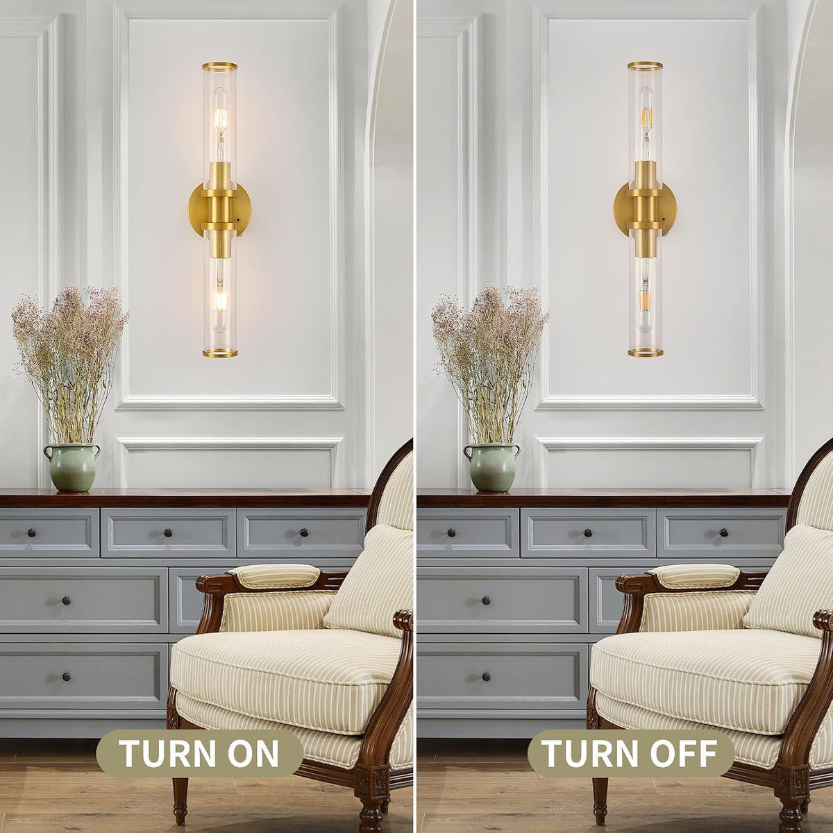 8000mAh Wireless Wall Sconces with Remote Control 3000K, Gold, 20.5 Inch | Battery Operated Wall Sconce Set of 2 with