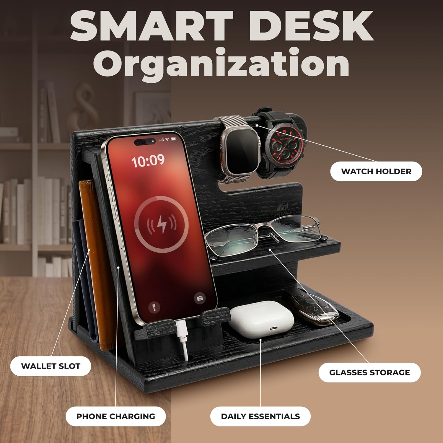 TESLYAR Wood Phone Docking Station for Men - Desktop or Nightstand Organizer - Birthday Gifts for Men, Dad