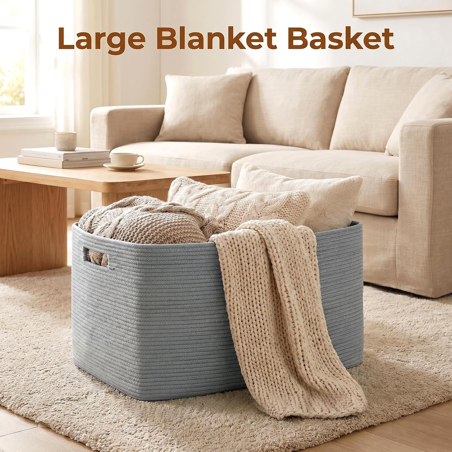 Woven Blanket Storage Basket / Grey / 22 x 17 x 12