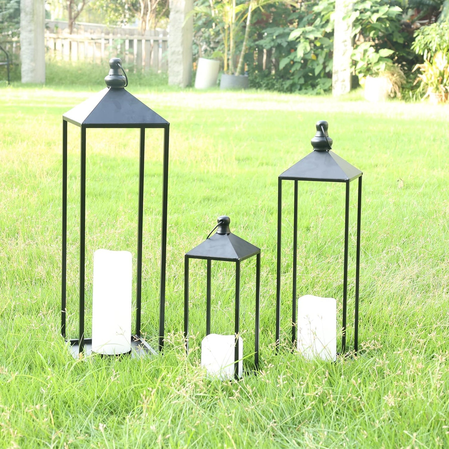 LED Lanterns Decorative Indoor&Outdoor, 23’’ 19’’ 13’’ Large Black Candle Lanterns Set with 3 Flameless Candles, Metal